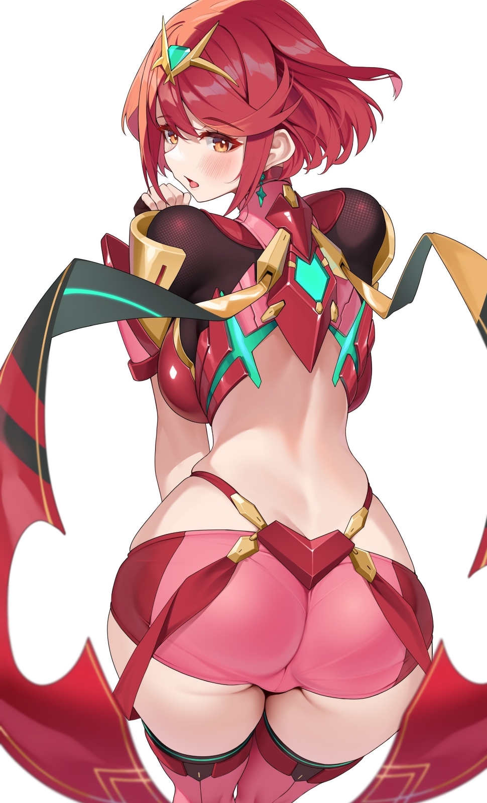 1girls, armor, ass, back, backless outfit, bent over, blush, bob cut, breasts, butt crack, core crystal, crop top, female, female only, from behind, gem, green gemstone, highres, impossible clothes, large breasts, looking at viewer, looking back, matrix16, open mouth, paid reward available, pink shorts, pink thighhighs, pyra, red eyes, red hair, short hair, short shorts, short sleeves, shorts, shoulder armor, simple background, solo, suspenders, thighhighs, thighs, tiara, white background, xenoblade (series), xenoblade chronicles 2