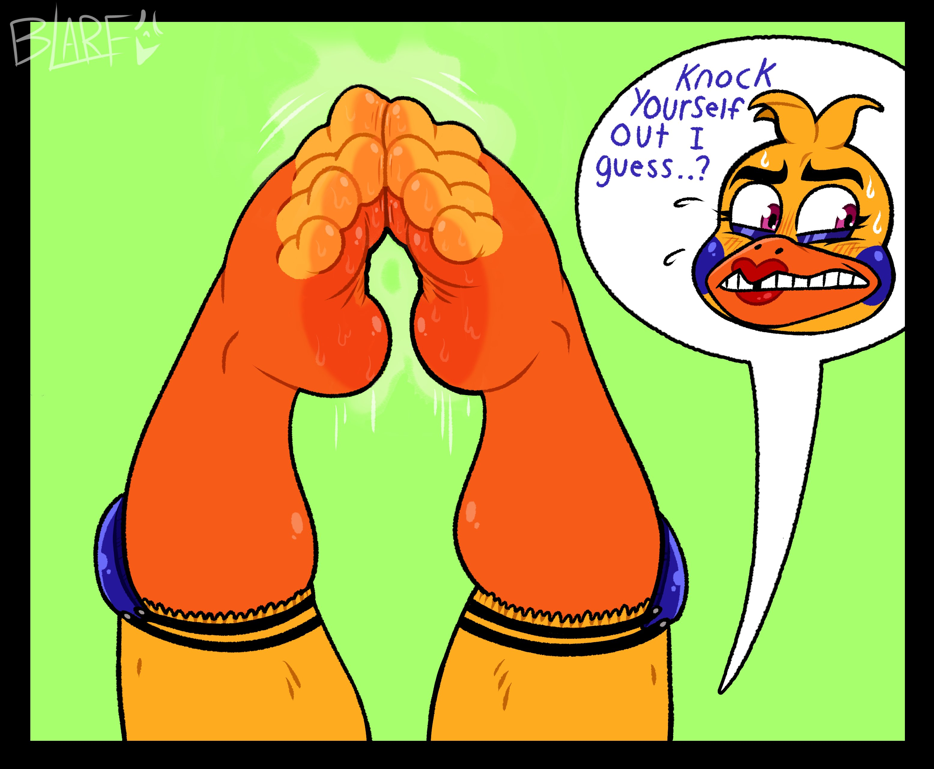 1girls, animatronic, beak, bird, bird girl, blarf022, chica (fnaf), chicken, chicken girl, dialogue, feet, female, female only, five nights at freddy's, foot fetish, foot focus, freddy fazbear's pizzeria simulator, knee pads, kneepads, robot, robot girl, rockstar chica, smelly, smelly feet, socks, solo, solo female, toeless footwear, toeless legwear, toeless socks