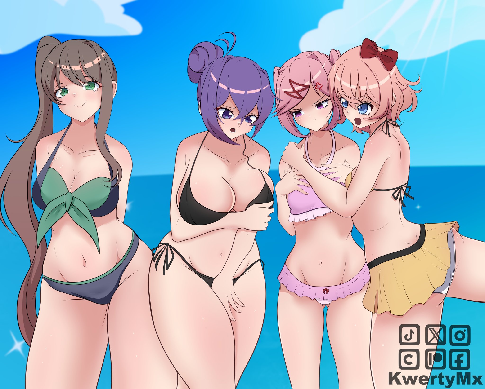 4girls, alternate hairstyle, artist name, beach, breasts, brown hair, doki doki literature club, female, female only, kwertymx, large breasts, looking at viewer, medium breasts, monika (doki doki literature club), multiple girls, natsuki (doki doki literature club), pink hair, purple hair, sayori (doki doki literature club), social media, swimsuit, thick thighs, yuri (doki doki literature club)