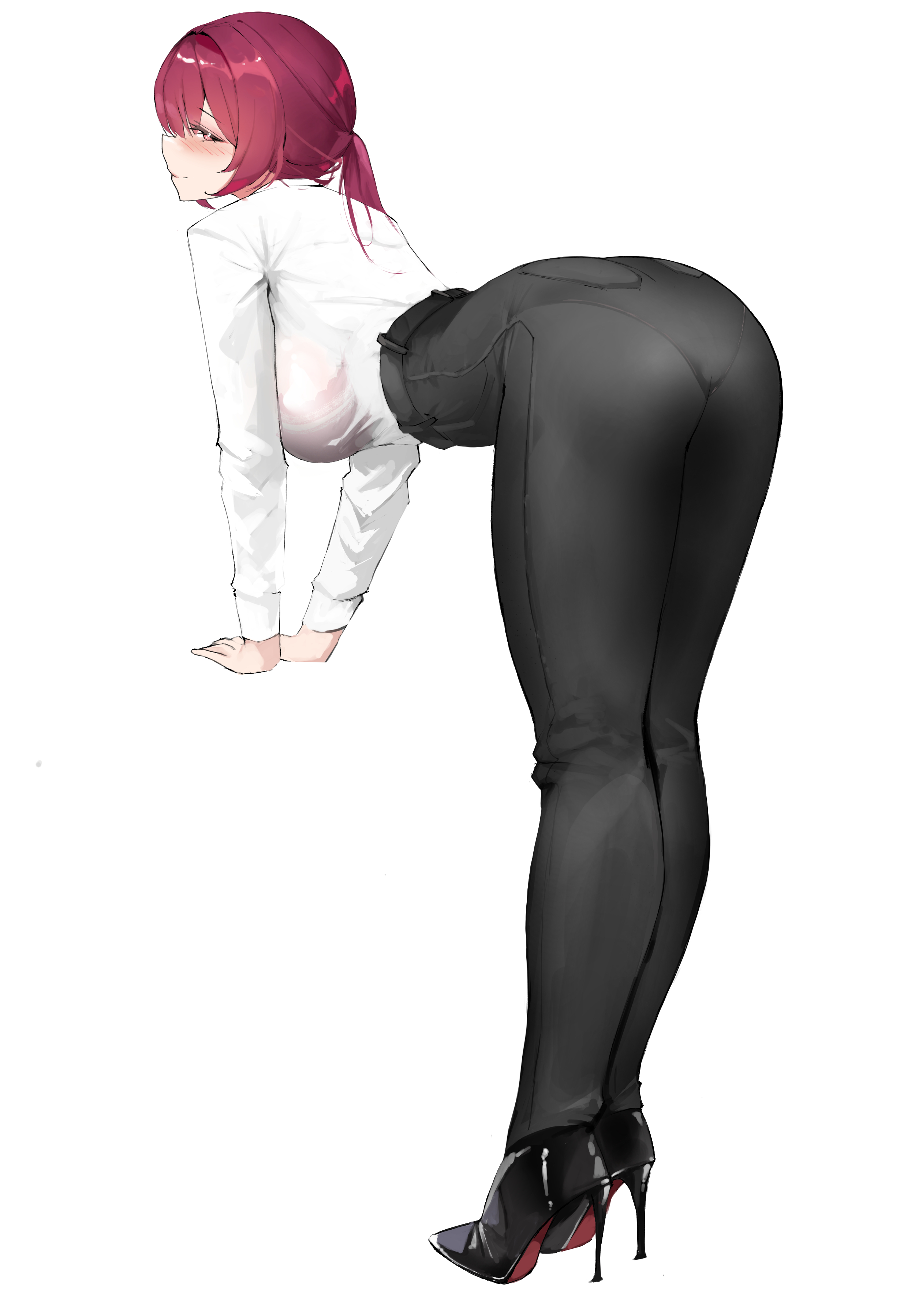 1girls, absurdres, ass, bent over, black pants, boots, bra visible through clothes, breasts, female, female only, high heel boots, high heels, high-waist pants, highres, honkai (series), large breasts, legs together, looking at viewer, looking back, pants, pantylines, patent boots, patent heels, purple hair, red soles, shirt, simple background, smurtz, solo, standing, stiletto boots, stiletto heels, white background, white shirt