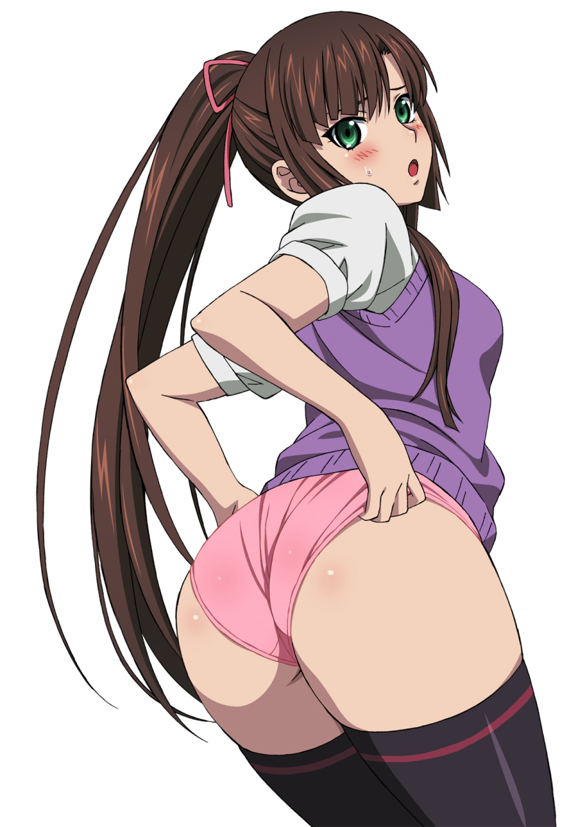 :o, ass, black legwear, brown hair, clothing, female, green eyes, hair ribbon, highres, kirasaka sayaka, long hair, looking at viewer, looking back, mokke, no pants, panties, pink panties, ponytail, ribbon, simple background, solo, strike the blood, sweatdrop, thighhighs, thighs, tied hair, underwear, very long hair, white background