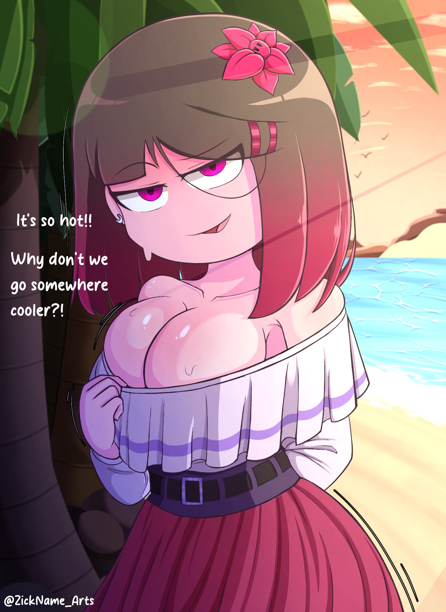 1girls, beach, bete noire, betty noire, dress, english, english text, female, flirting, flirting with viewer, flower in hair, glitchtale, pink eyes, pink hair, sweat, sweating, sweaty, undertale, undertale au, zickname