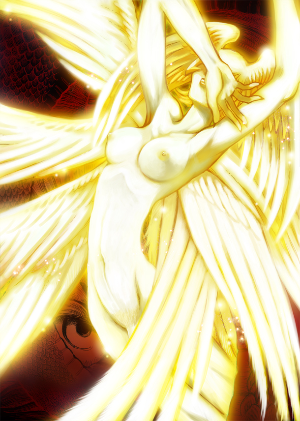 1futa 2009 androgynous angel angel_wings armpits blonde_hair breasts covering covering_eyes covering_face devilman futa_only futanari glowing head_wings hisoka_m humanoid intersex large_breasts light-skinned_futanari light_skin multi_wing nude nude_cover ryo_asuka satan_(devilman) seraph solo villainess wings