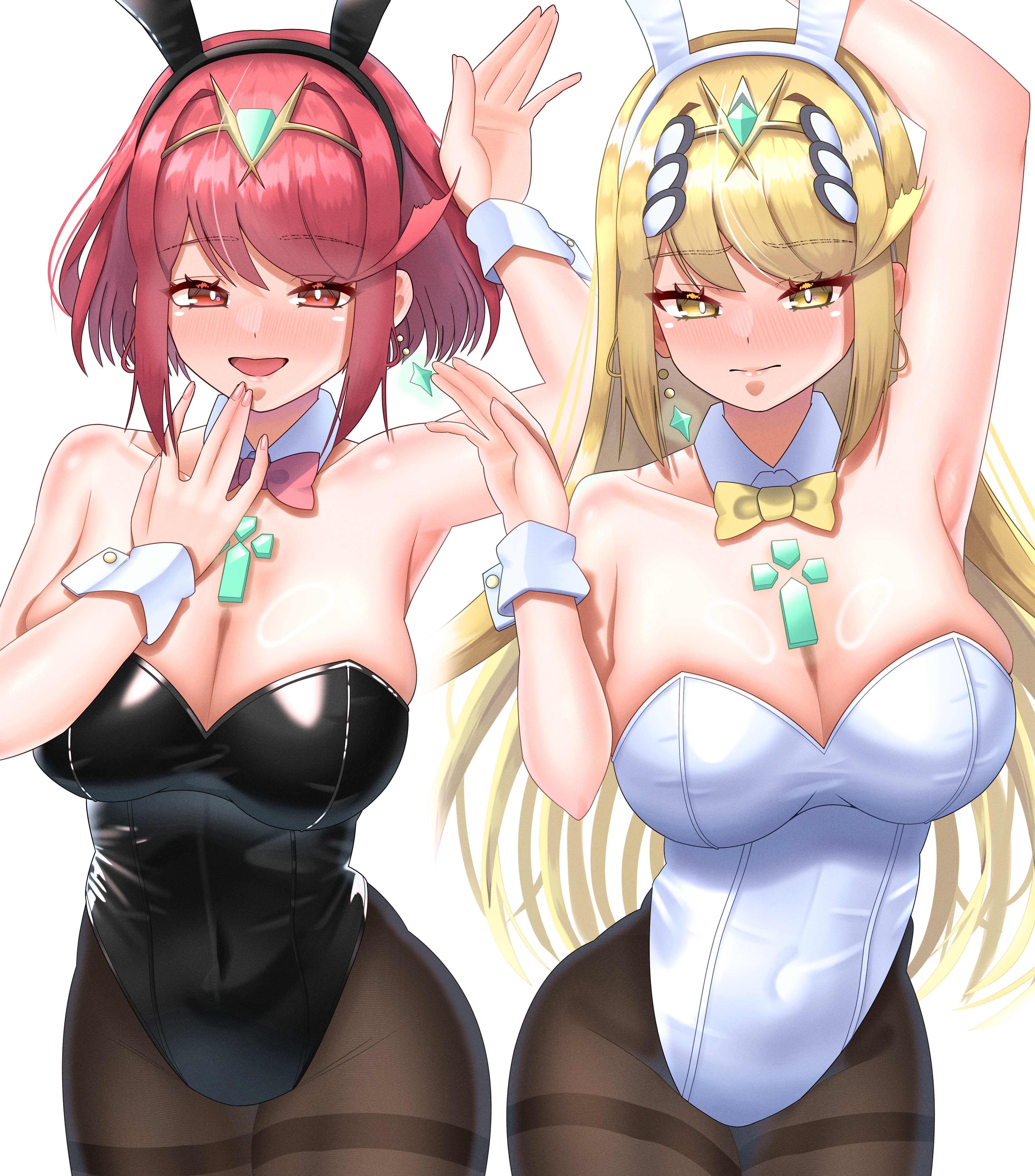 2girls, absurdres, animal ear hairband, animal ears, arm up, armpits, bare shoulders, black leotard, blonde hair, blush, bow, bowtie, breasts, brown pantyhose, bunny ears, bunnysuit, cleavage, closed mouth, core crystal, covered navel, detached collar, earrings, fake animal ears, female, female only, hair ornament, hairband, hand up, highleg, highleg leotard, highres, huge breasts, jewelry, leotard, long hair, looking at viewer, medium hair, meipasuye, multiple females, multiple girls, mythra, mythra (xenoblade), open mouth, pantyhose, pink bow, pink bowtie, pyra, pyra (xenoblade), rabbit ears, red eyes, red hair, sidelocks, simple background, swept bangs, thighband pantyhose, tiara, very long hair, white background, white leotard, white wrist cuffs, wrist cuffs, xenoblade (series), xenoblade chronicles 2, yellow bow, yellow bowtie, yellow eyes