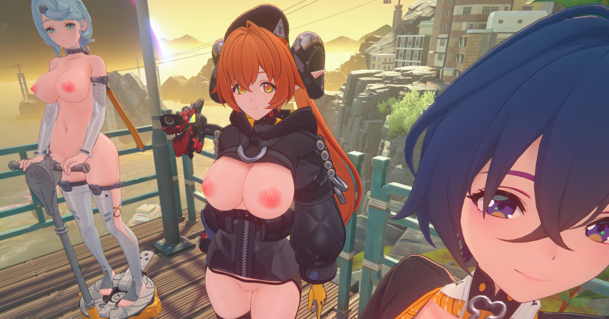 3d, 3d model, 3girls, belle (delicate sunlight) (zenless zone zero), belle (zenless zone zero), big breasts, blue eyes, blue hair, breasts, breasts out, cutout, dark blue hair, elf ears, exposed breasts, exposed nipples, female, game screenshot, green eyes, horn, looking at viewer, mod, nipples, official alternate costume, orange hair, orphie magnusson, pink nipples, screenshot, seed (zenless zone zero), short hair, zenless zone zero