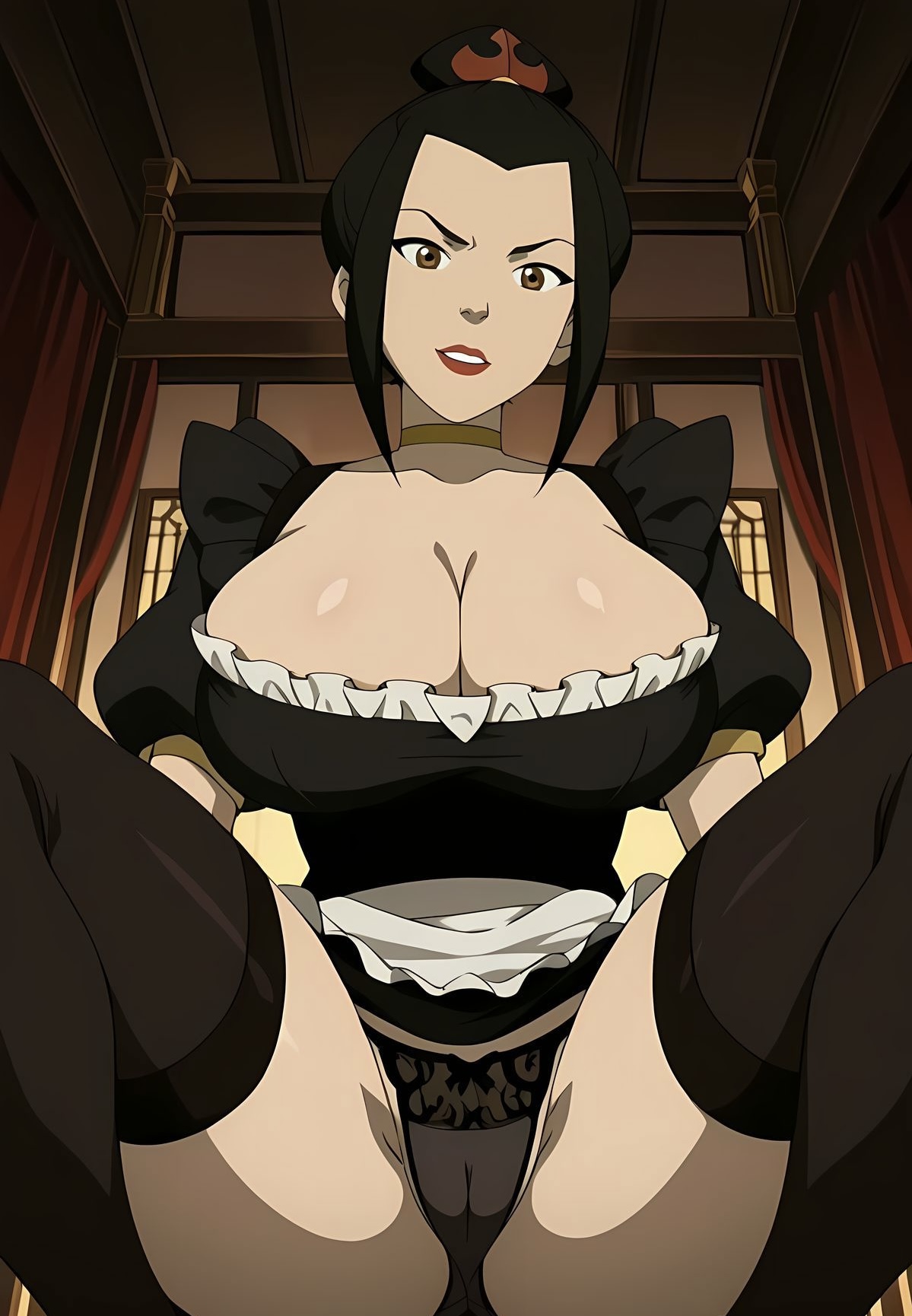 1girls, ai generated, apron, avatar legends, avatar the last airbender, ayyaai, azula, big breasts, bimbo, breasts, busty, busty female, busty teenager, cameltoe, choker, cleavage, dark hair, deep cleavage, female, golden eyes, huge breasts, lace, lace trim, lace-trimmed panties, large breasts, light skin, light-skinned female, lipstick, looking at viewer, looking back at viewer, looking down, maid, maid headdress, maid uniform, red lipstick, servant, solo, solo female, solo focus, spread legs, spreading, squatting, thick, thick legs, thick thighs