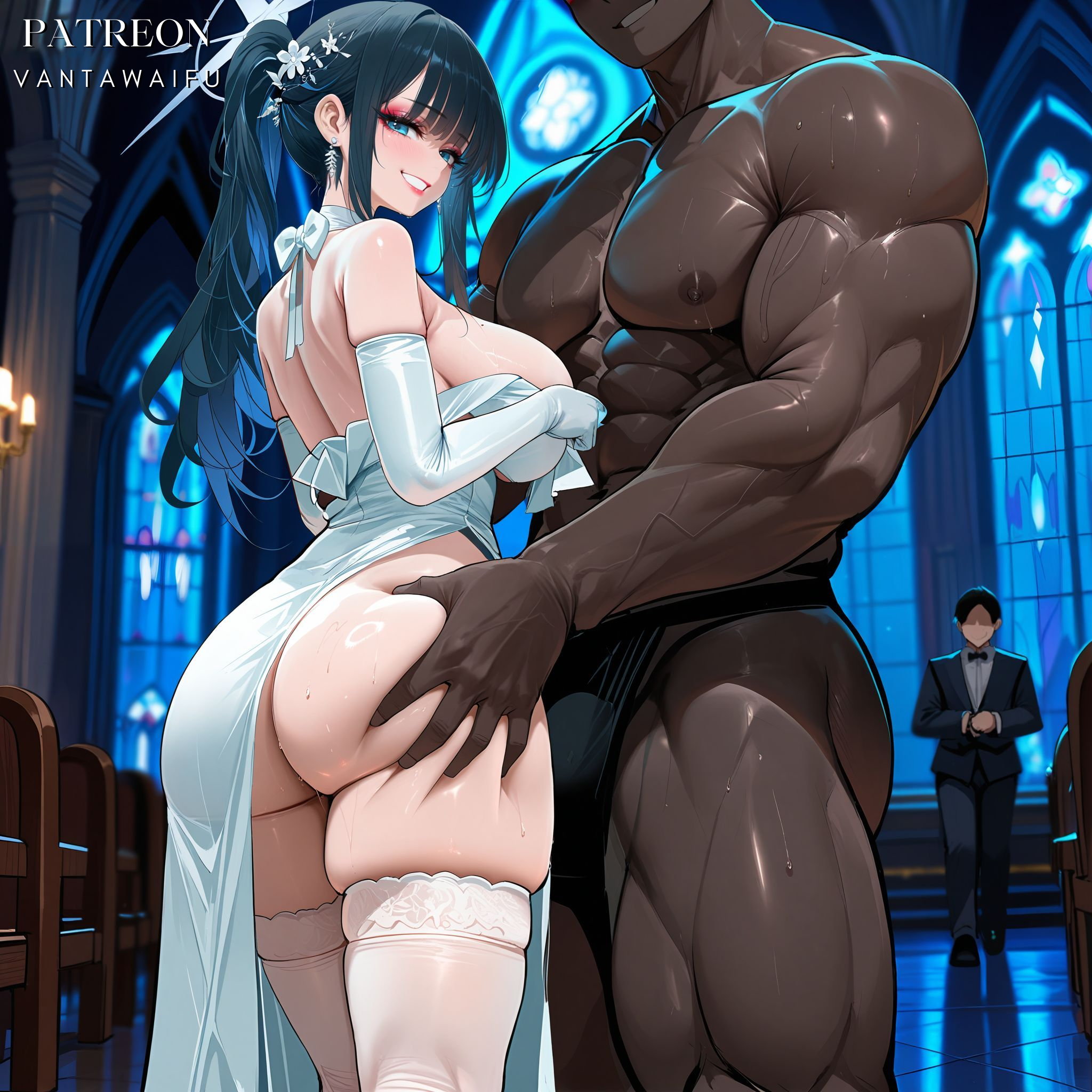2boys, abs, ai generated, ass, ass grab, bangs, bare shoulders, black hair, blue archive, blue eyes, blush, bowtie, breasts, bulge, chair, church, clothing, dark skin, dark-skinned male, deep skin, dress, earrings, elbow gloves, faceless, faceless male, female, flower, from behind, gloves, grabbing another's ass, grin, groping, hair flower, hair ornament, halo, huge ass, indoors, interracial, jewelry, large breasts, legwear, long hair, looking at viewer, looking back, makeup, male, manly, multiple boys, multiple males, muscular, muscular male, netorare, nipples, ntr, pectorals, ponytail, saori (blue archive), saori (dress) (blue archive), skindentation, smile, standing, straight, sweat, thick thighs, thighhighs, thighs, topless male, underwear, vantawaifu, veins, very dark skin, wedding dress, white dress, white gloves, white thighhighs