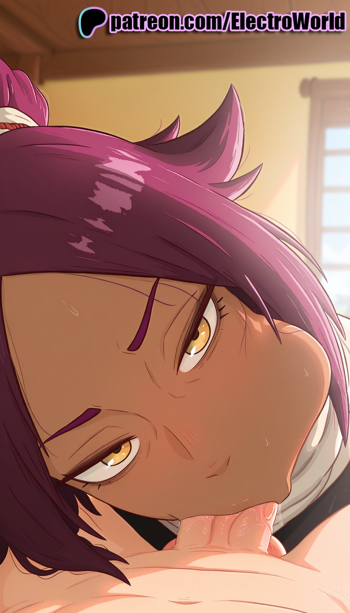 :>=, 1girls, 2025, ai generated, artist name, bleach, blowjob, blowjob face, cheek bulge, cock, dark skin, deepthroat, dick, electroworld, fellatio, female, hi res, high quality, high resolution, highres, licking, male, mole, oral, oral sex, patreon, patreon username, penis, pink hair, pov, purple hair, shihouin yoruichi, stable diffusion, straight, sucking, uncensored, up close, watermark