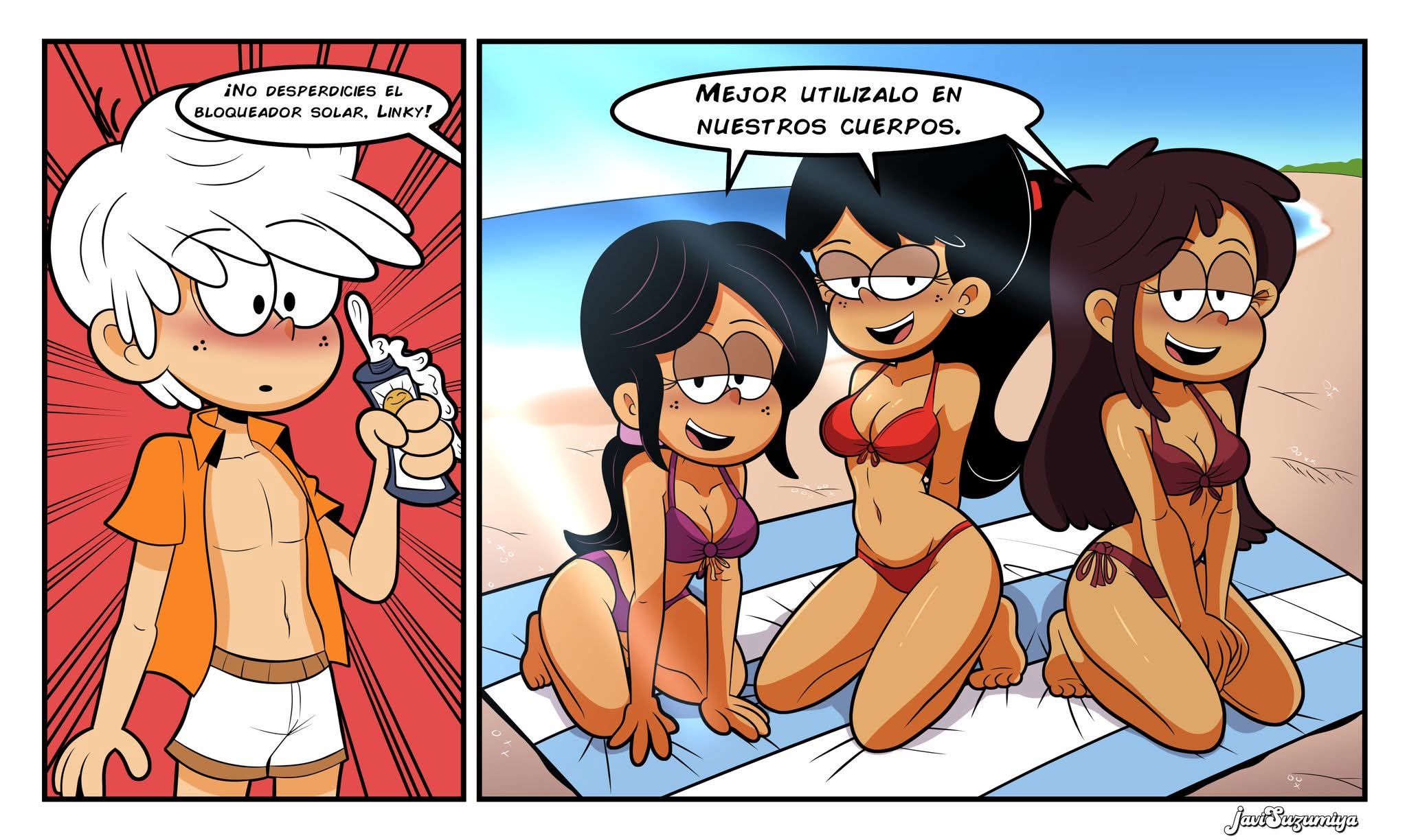 beach, beach background, beach towel, black eyes, black hair, breasts, clothed, clothed female, clothed male, comic, female, inminent sex, interracial, javisuzumiya, kara (the loud house), lincoln loud, male, medium breasts, no sex, no shoes, ronnie anne santiago, spanish text, squeezing sunscreen, stella zhau, the casagrandes, the loud house, white hair, white skin