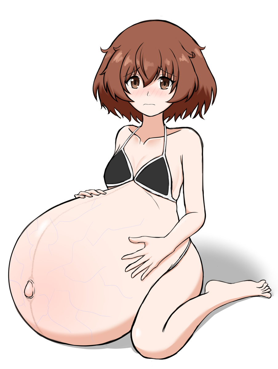 1girls, akiyama yukari, belly, belly button, bloated belly, blush, breasts, brown eyes, brown hair, cleavage, feet, female, female focus, female only, girls und panzer, hand on belly, hyper belly, hyper pregnancy, lernana 6, light skin, light-skinned female, navel, pale skin, pale-skinned female, popped navel, pregnancy, pregnant, schoolgirl, short hair, sitting, small breasts, swimsuit, veiny belly, white background