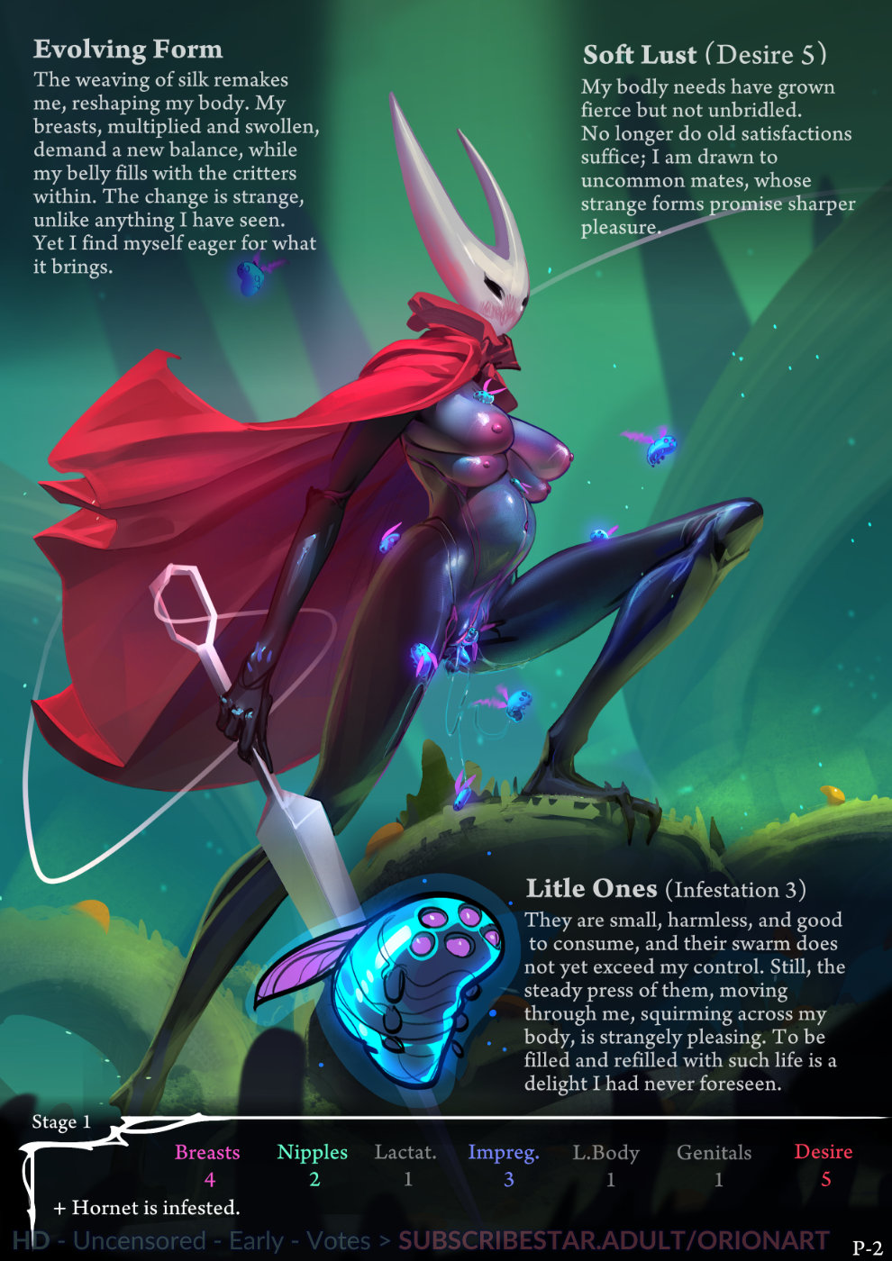 4 breasts, big belly, body modification, breasts, creature inside, female, heroic pose, heroine, hollow knight, hollow knight (franchise), hollow knight: silksong, hornet (hollow knight), infestation, insect girl, insects, larva, legs spread, multi breast, orionart, pregnant, standing, stats, text, transformation
