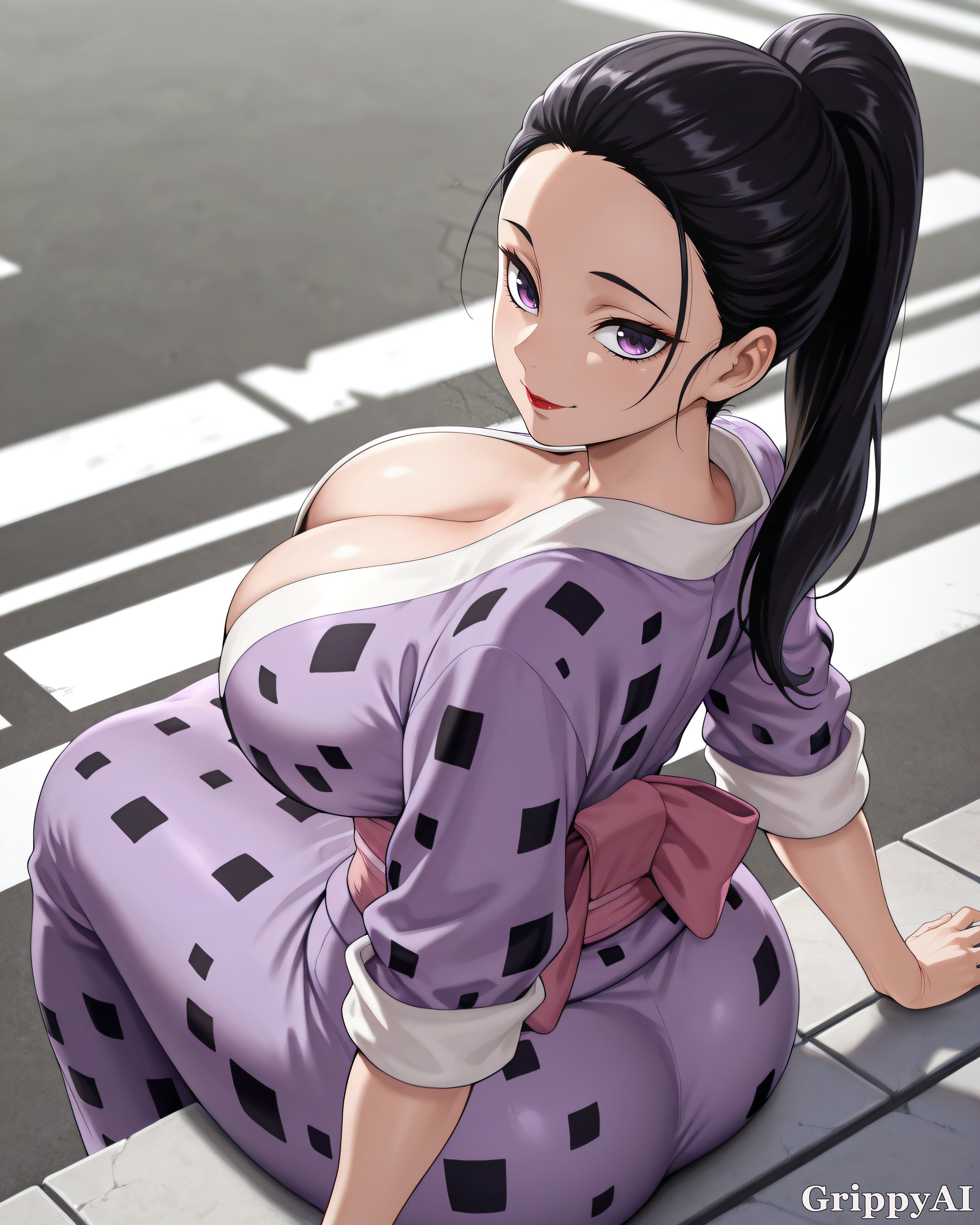 ai, ai assisted, ai generated, breasts, cleavage, demon slayer, female, hinatsuru (kimetsu no yaiba), huge breasts, kimetsu no yaiba, looking back