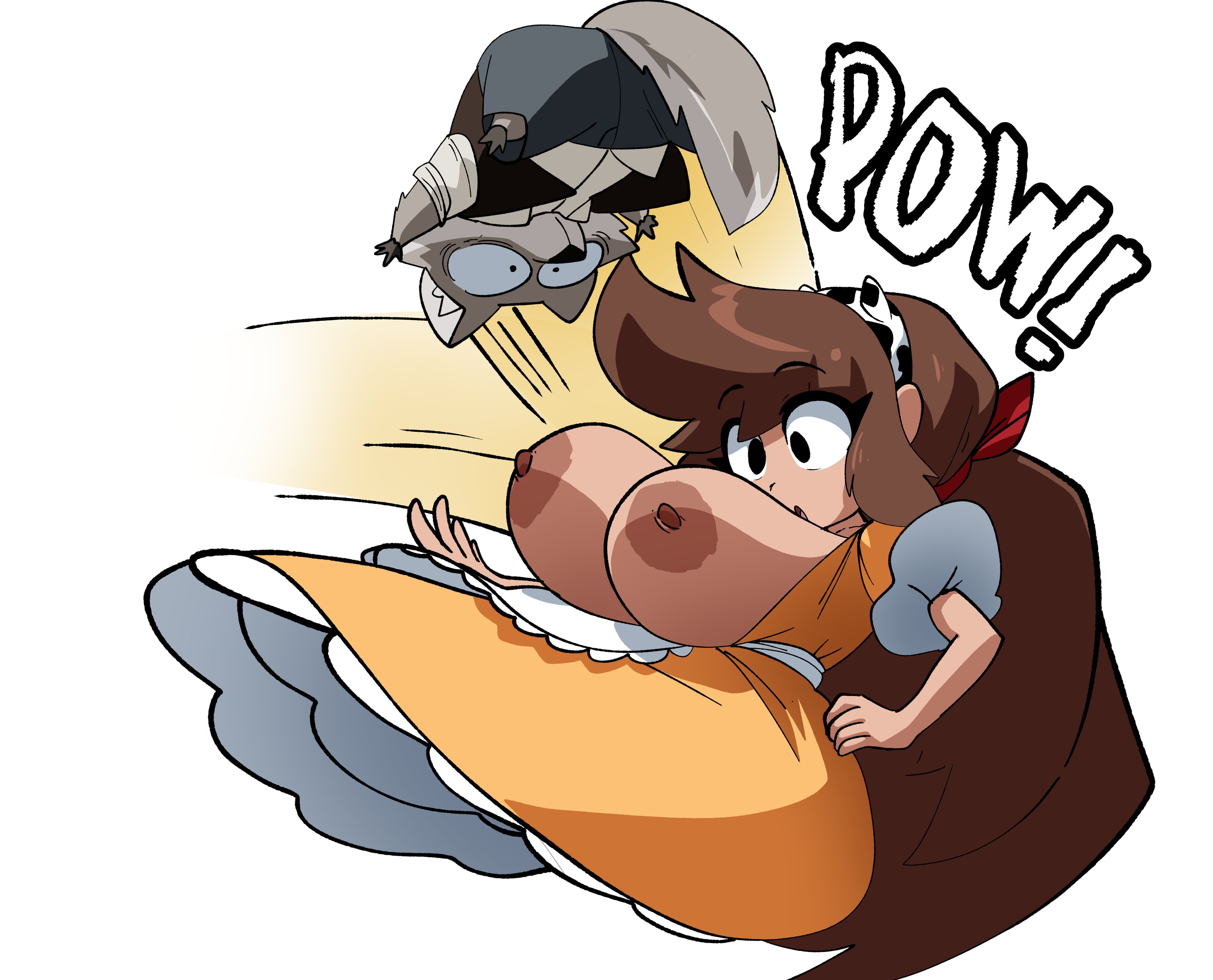 1boy, 1girls, animal print, anthro, apron, areolae, black eyes, black pants, body fur, bouncing, bouncing breasts, breasts, breasts out, brown hair, bursting breasts, canid, canine, canis, carlos (inker comics), clothing, coolerinker, cow horns, dark nipples, dress, english text, fake horns, feline, female, furry, furry male, grey fur, hair ribbon, hairband, horns, huge breasts, impact, impact effect, inker comics, inkershike, large areolae, large breasts, long hair, maid, maid apron, maid headdress, male, mona (inker comics), nipples, no bra, open mouth, orange dress, pants, ponytail, puffy short sleeves, puffy sleeves, red ribbon, ribbon, sharp teeth, short sleeves, sidelocks, surprised, teeth, topless, upside-down, very long hair, waist apron, wardrobe malfunction, white apron, wolf, yellow dress