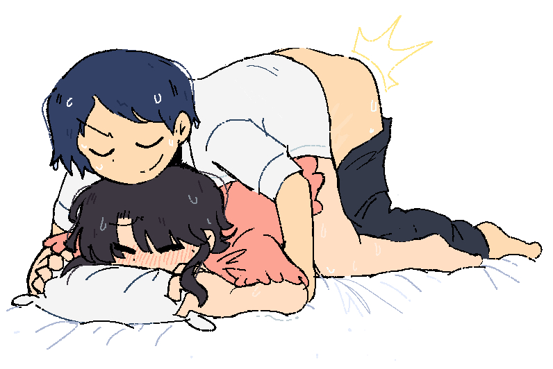 = =, 1boy, 1girls, adatara ryota, azuredairy, barefoot, bed, bed sheet, blue hair, blush, city (arawi keiichi), closed eyes, closed mouth, clothes pull, doggystyle, feet, female, full-face blush, hetero, makabe matsuri, male, pants, pants down, pants pull, pillow, pink shirt, sex, sex from behind, shirt, smile, smug, straight, sweat, white shirt