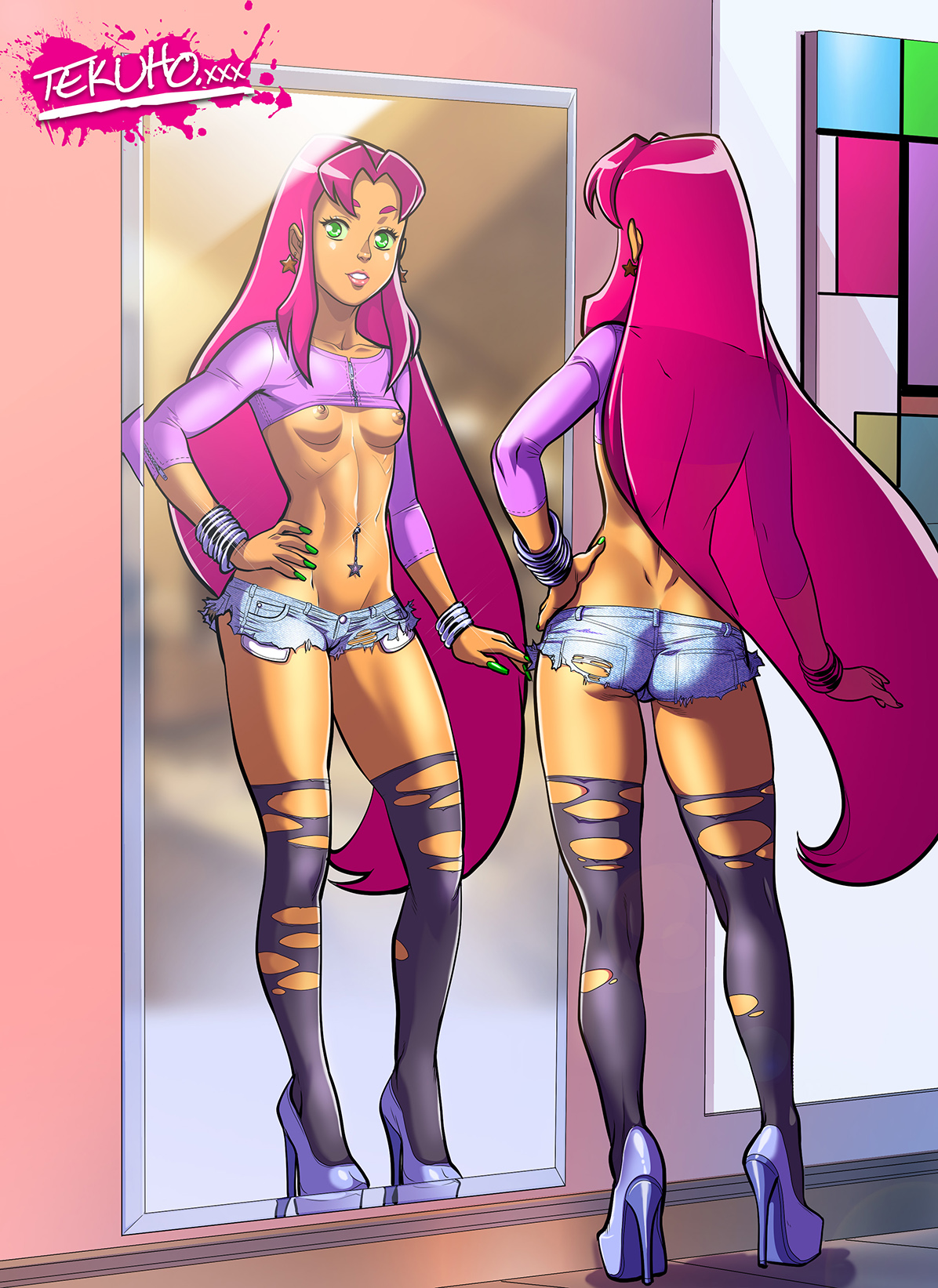 1girls, alien, alien girl, alternate breast size, areola, ass, breasts, cameltoe, crop top, dc, dc comics, denim, denim shorts, erect nipples, female, female only, green eyes, hand on hip, high heels, hourglass figure, jean shorts, long hair, micro shorts, mirror, nipples, piercing, platform heels, pussy, red hair, reflection, revealing clothes, shorts, signature, small breasts, solo, standing, starfire, stiletto heels, teen titans, tekuho, text, thighhighs, tight clothes, tight pants, torn clothes, very high heels