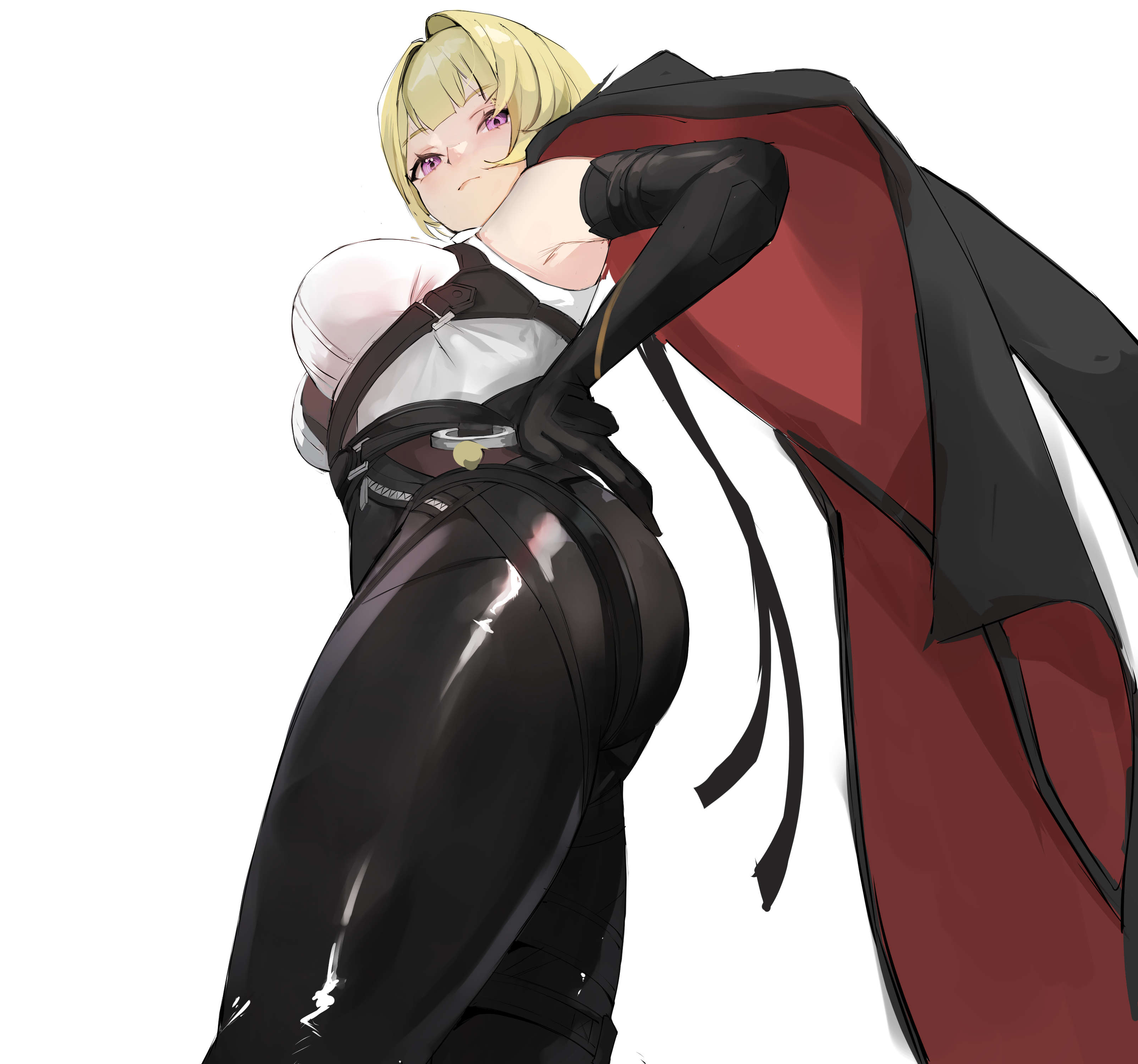 1girls, absurdres, black gloves, black pants, blonde hair, breasts, evelyn chevalier, female, female only, from below, gloves, highres, jacket, jewelry, large breasts, looking at viewer, looking down, pants, purple eyes, shirt, sleeveless, smurtz, solo, tight clothes, tight pants, white shirt, zenless zone zero