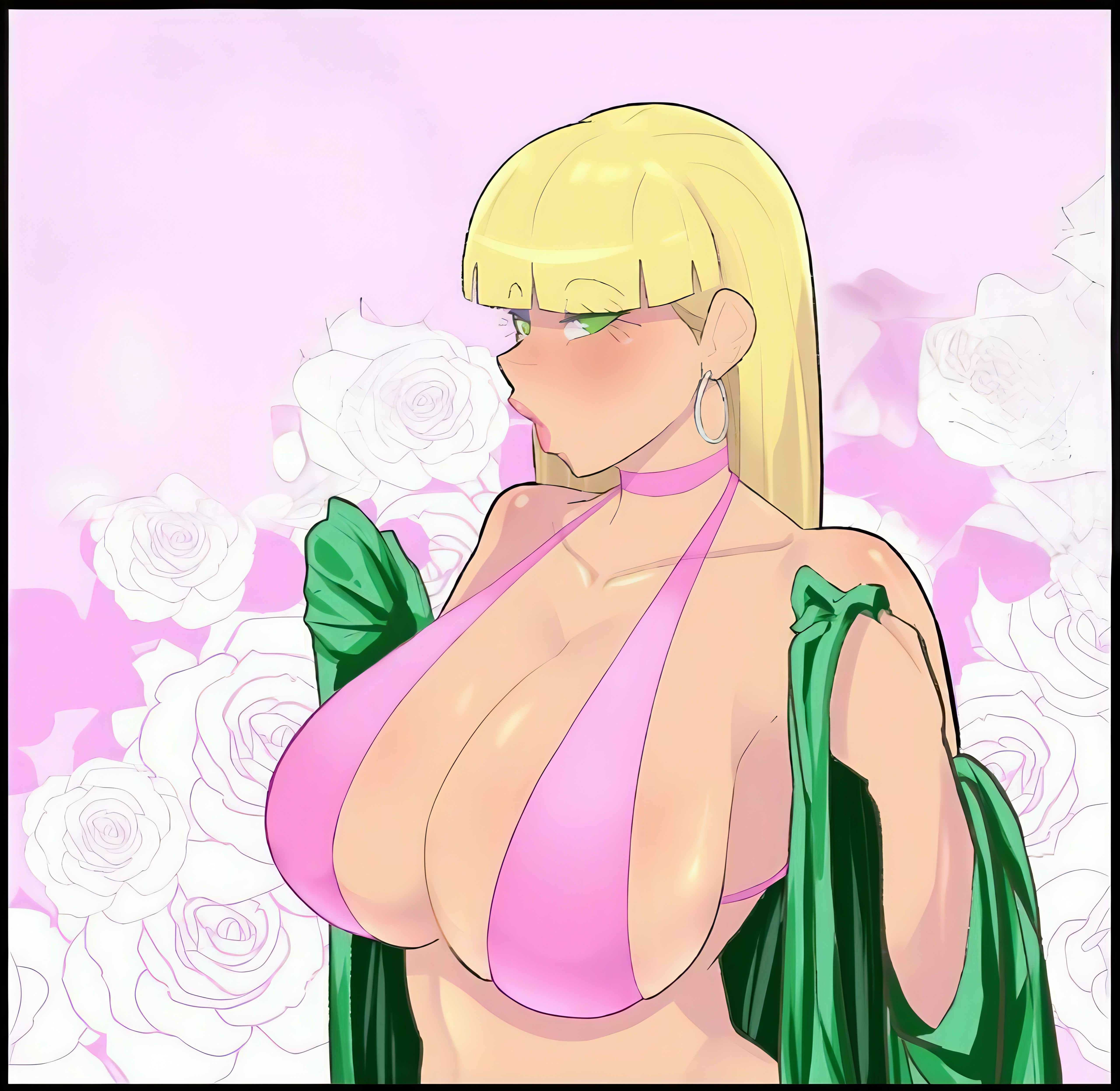 4k, banjabu, blonde hair, earrings, edit, edited, gravity falls, green eyes, green towel, hi res, high resolution, highres, human, looking at viewer, pacifica northwest, pink micro bikini, tagme