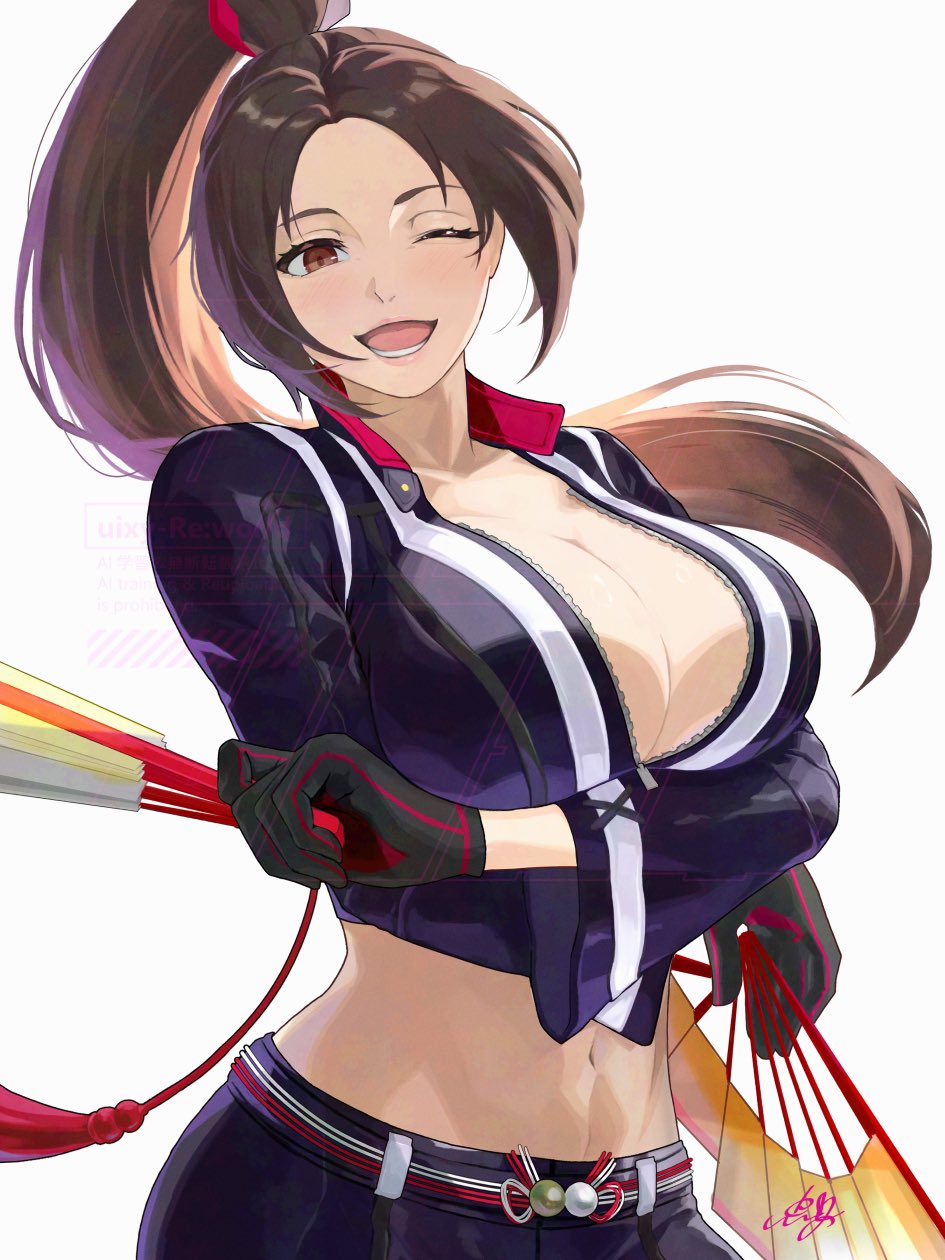 ;d, arms under breasts, belt, big breasts, black gloves, breasts, brown eyes, brown hair, cleavage, collarbone, cropped jacket, dual wielding, fatal fury, female, female only, floating hair, gloves, hand fan, high ponytail, highres, holding, holding fan, large breasts, long hair, looking at viewer, mai shiranui, mai shiranui (city of the wolves), midriff, motoyui, navel, official alternate costume, one eye closed, open mouth, pants, ponytail, simple background, smile, snk, solo, stomach, street fighter, street fighter 6, uixy, very long hair, white background, zipper, zipper pull tab