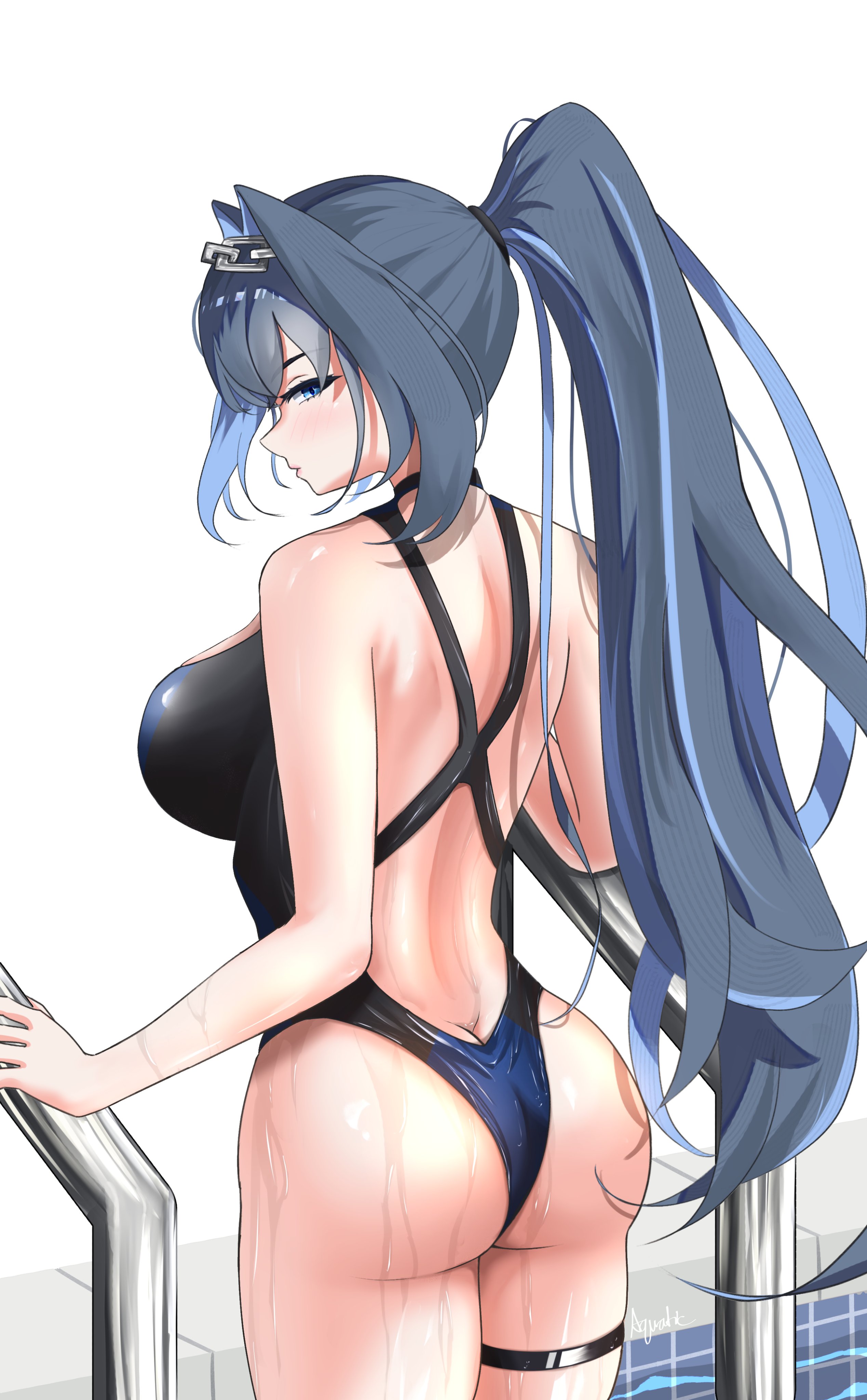 1girls, 2025, absurd res, absurdres, aquaticlettuce, ass, ass crack, back view, big ass, blue eyes, blue hair, breasts, dark hair, female, female only, hair intakes, hi res, high resolution, highres, hololive, hololive english, hololive english -council-, hololive english -promise-, huge ass, large ass, long hair, looking at viewer, one eye obstructed, one-piece swimsuit, ouro kronii, ouro kronii (holonatsu paradise outfit), ponytail, sideboob, simple background, solo, solo female, standing, swimsuit, tagme, tied hair, virtual youtuber, wet, white background
