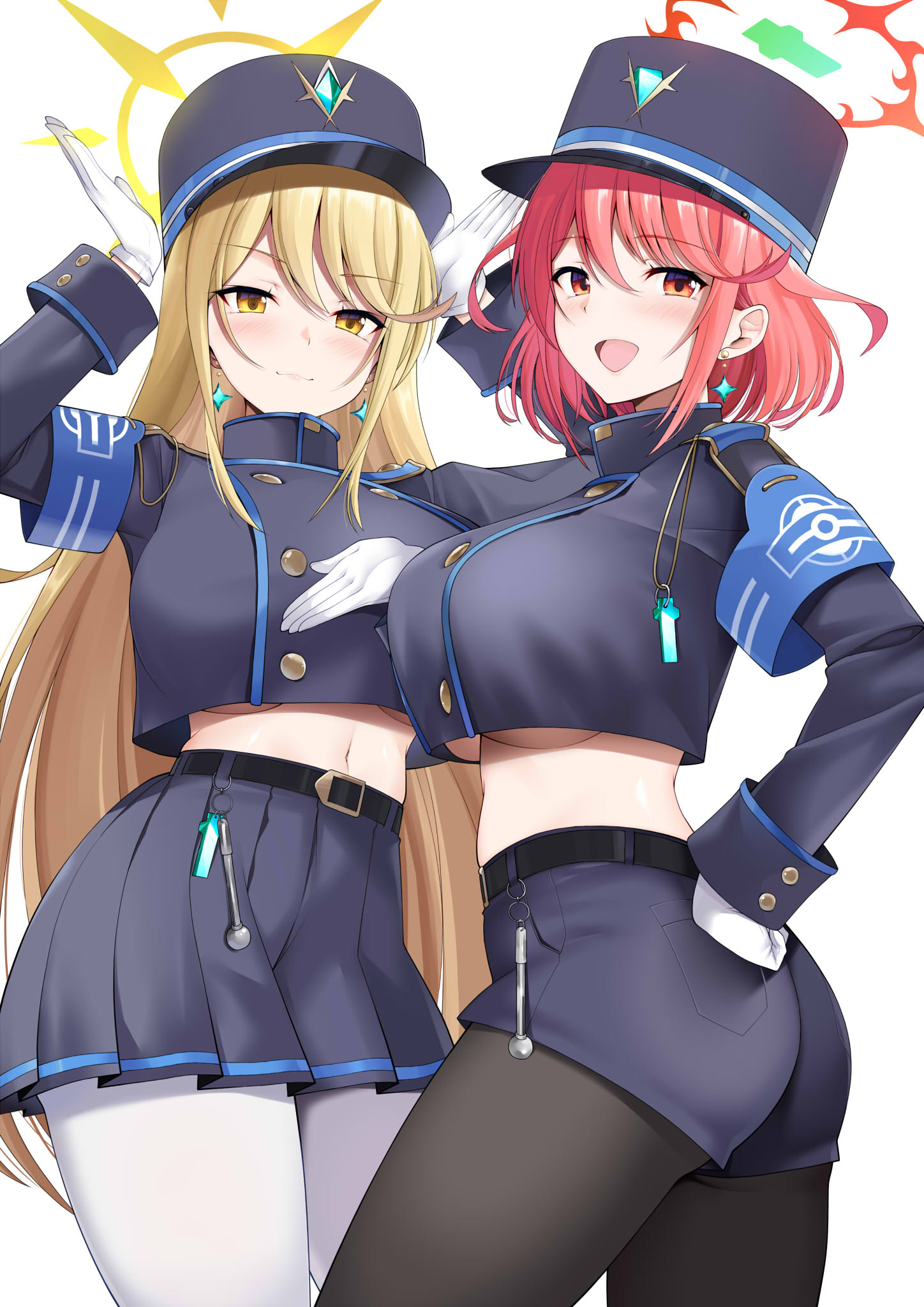 2girls, alternate costume, black hat, black pantyhose, black shorts, black skirt, blonde hair, blue archive, breasts, closed mouth, cosplay, crossover, crossover cosplay, daive, female, female only, halo, hat, highres, hikari (blue archive), hikari (blue archive) (cosplay), large breasts, long hair, multiple females, multiple girls, mythra, nozomi (blue archive), nozomi (blue archive) (cosplay), open mouth, pantyhose, pyra, red eyes, red hair, red halo, short hair, shorts, skirt, smile, standing, underboob, white pantyhose, xenoblade (series), xenoblade chronicles 2, yellow eyes, yellow halo
