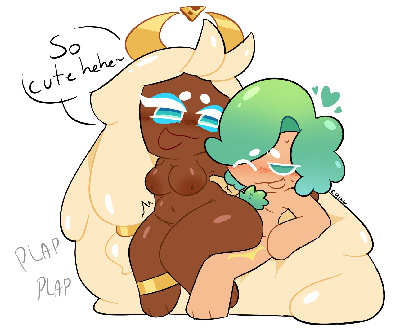 1boy, 1girls, ambiguous penetration, artist name, artist signature, bracelet, breasts, chair position, chest hair, chikidoodlez, chocolate and vanilla, chubby, chubby female, completely nude female, completely nude male, cookie run, cookie run kingdom, crown, dark-skinned female, dialogue, green eyes, green hair, hair ornament, hearts around head, light-skinned male, male/female, mozzarella cookie, oc, onomatopoeia, original character, plap, plap (sound), sex, sitting, sitting on hair, sitting on lap, sitting on person, straight, talking to partner, text bubble, tirazyy