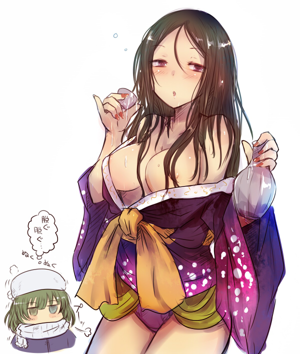 2girls alcohol areola_slip areolae black_eyes black_hair blush breasts cleavage drunk female female_only green_hair hair_over_breasts hiiragi_shino idolmaster idolmaster_cinderella_girls japanese_clothes kara_(color) kimono long_hair looking_at_viewer multiple_girls nipples off_shoulder panties sake scarf simple_background sweat takagaki_kaede underwear white_background