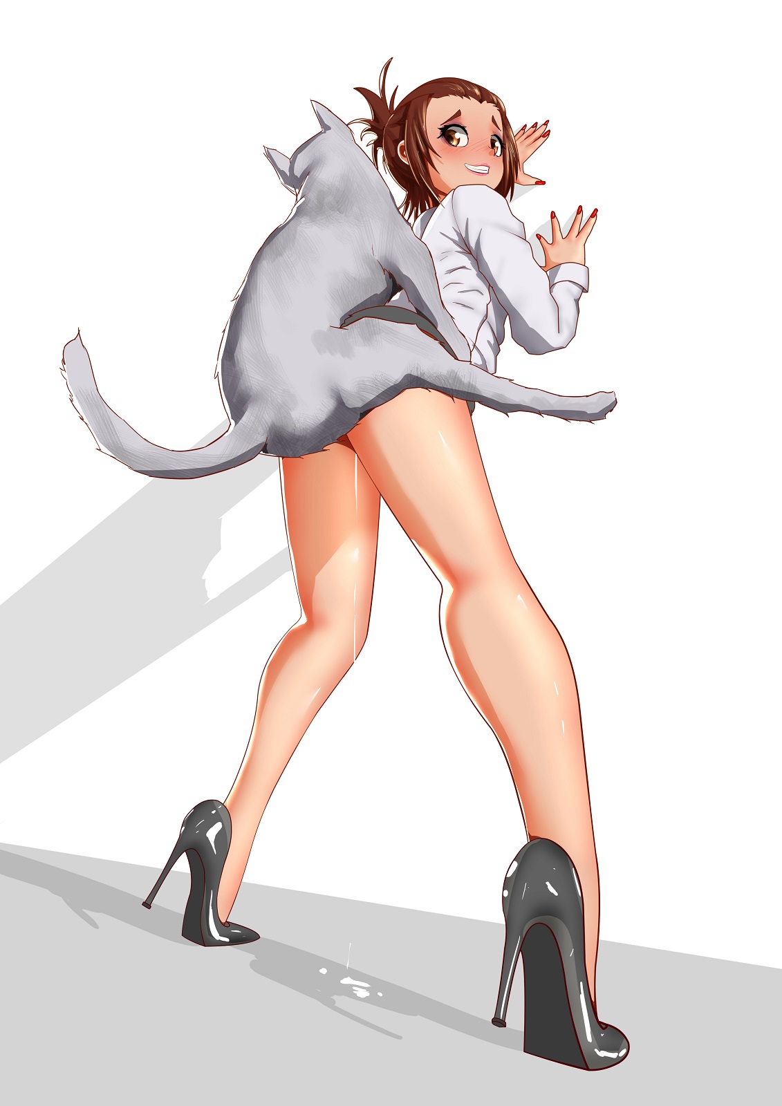 1boy, 1boy1girl, 1girls, 2021, against wall, attack on titan, black high heels, blush, bottomless, brown hair, canine, canine on human, eyeshadow, female, female focus, female on feral, female penetrated, feral, feral on female, feral on human, feral penetrating, feral penetrating human, gabi braun, hi res, high heels, human female, human on feral, human penetrated, light skin, light-skinned female, lipstick, looking at partner, looking back, looking back at partner, male, male penetrating, male penetrating female, male/female, nail polish, orange eyes, painted fingernails, painted nails, penile, penile penetration, penis in pussy, piggyback, pink lipstick, red nails, shakuraya, shingeki no kyojin, standing, standing sex, straight, vaginal, vaginal penetration, vaginal sex, zoophilia
