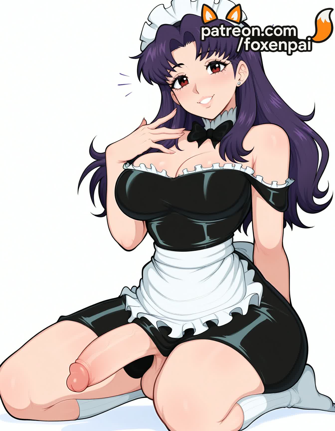 1futa, 2025, ai generated, apron, artist name, balls, black skirt, breasts, cock, dick, earrings, erection, foreskin, foxenpai, futa only, futanari, hi res, high quality, high resolution, highres, intersex, jewelry, light-skinned futa, long hair, maid, maid apron, maid headdress, male, male focus, misato katsuragi, neon genesis evangelion, otoko no ko, patreon, patreon username, penis, precum, purple hair, rule 63, seiza, solo, stable diffusion, testicles, tight foreskin, uncensored, uncircumcised, waist apron, watermark, white apron