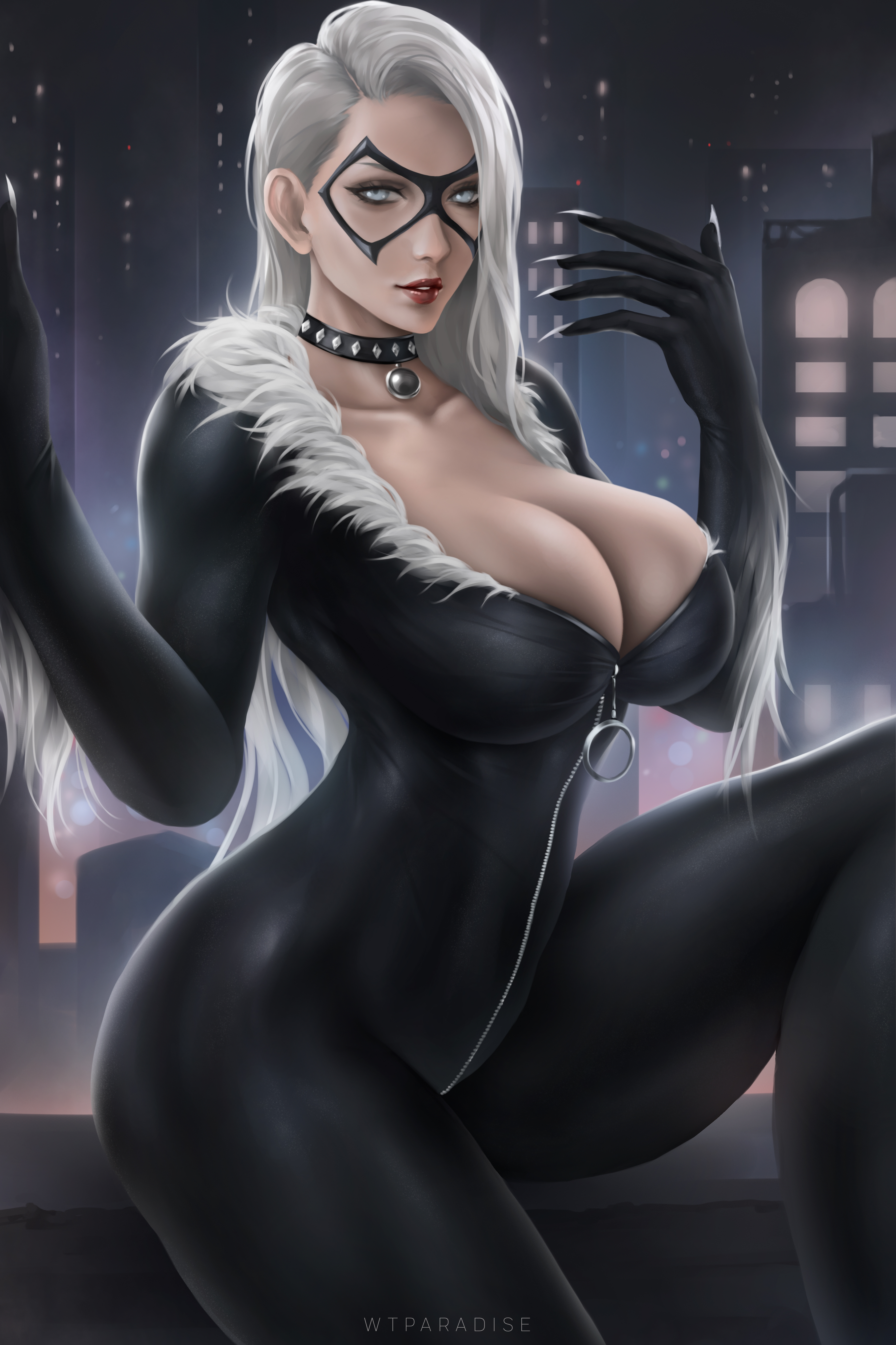 1girls, 2021, alluring, big breasts, black cat (marvel), bodysuit, breasts, bursting breasts, choker, claws, collar, color, colored, curvaceous, curvaceous body, curvaceous female, curvaceous figure, curvaceous hips, curvy, curvy body, curvy female, curvy figure, curvy hips, enticing, eyelashes, felicia hardy, female, grey eyes, high resolution, highres, hips, huge breasts, large breasts, light skin, light-skinned female, lipstick, long hair, looking at viewer, marvel, marvel comics, mask, masked, masked female, massive breasts, night, pinup, red lipstick, rooftop, seducing, seductive, seductive look, shiny, shiny clothes, sitting, sitting on roof, skin tight, spider-man (series), superheroine, teasing, temptation, tempting, thick, thick breasts, thick hips, thick lips, thick thighs, tight clothes, tight clothing, voluptuous, voluptuous female, we1cometoparadiseart, welcometoparadise, white fur, white hair, wide hips, wtparadise, zipper