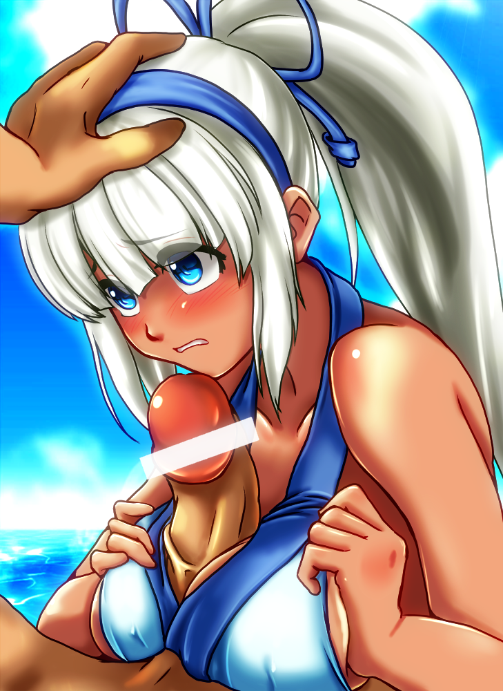 bangs bar_censor bikini_top blue_eyes blush breast_squeeze breasts censored clothed_female_nude_male covered_nipples female hair_ribbon hairband hand_on_another's_head long_hair looking_up majikina_mina ocean paizuri paizuri_under_clothes penis piyopiyomen ponytail ribbon samurai_shodown sideboob silver_hair solo_focus tied_hair