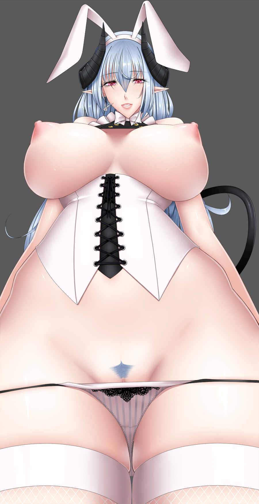 areolae baru_(val-val) blue_hair breasts bunny_ears corset demon_girl demon_horns demon_tail female hair_ornament heart-shaped_pupils highres horns huge_breasts legwear lingerie lips long_hair milf nipples no_bra original original_character panties panty_pull pixiv_succubus pointy_ears pubic_hair puffy_nipples pussy pussy_peek red_eyes selene_(baru) simple_background solo standing succubus symbol-shaped_pupils tagme tail thighhighs