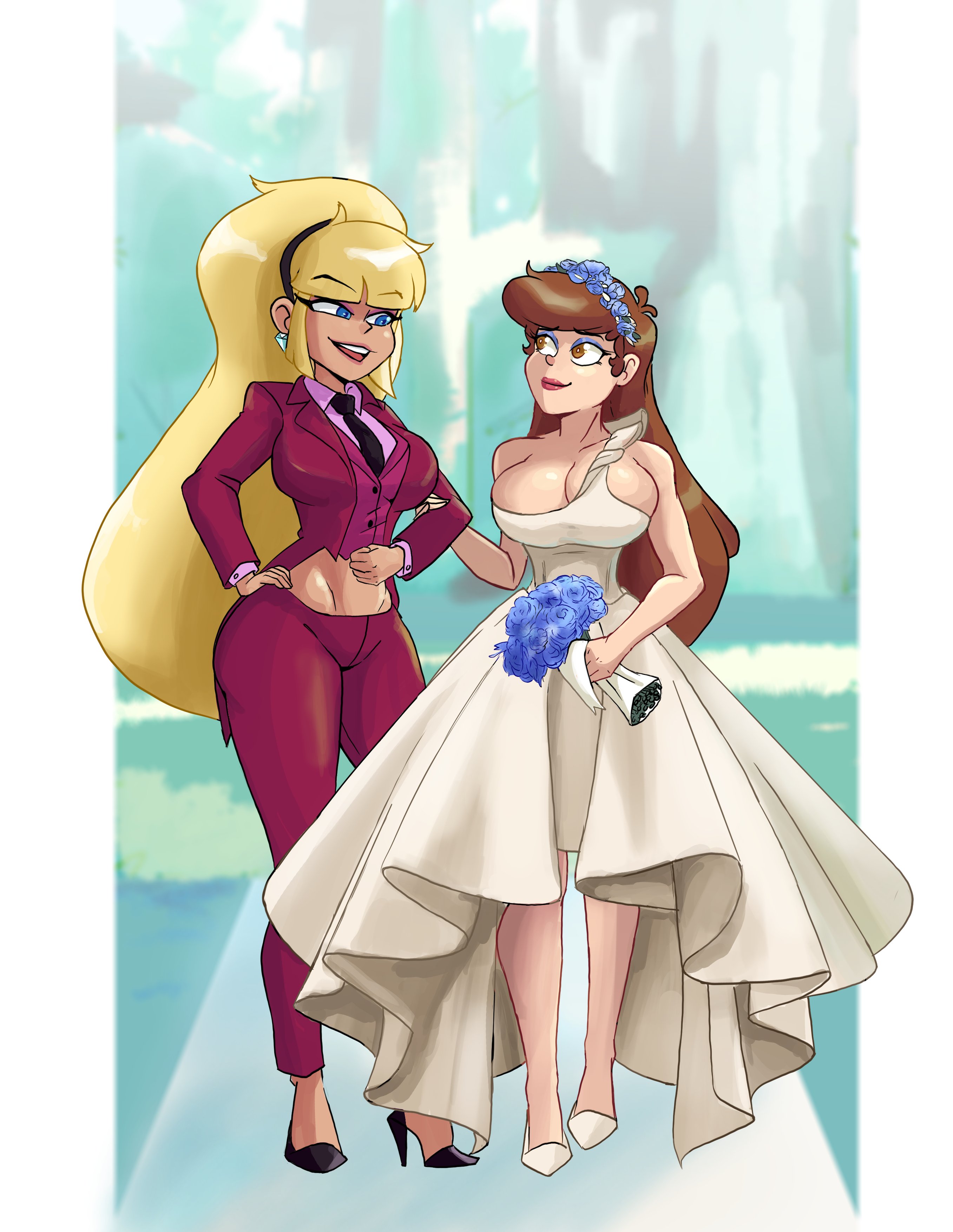 2girls, bangs, bare midriff, big breasts, blonde female, blonde hair, blue eyes, bouquet, breasts, brown eyes, brown hair, brunette female, curvy, dipcifica, dipper pines, female, female dipper, flowers, full body, gearthefae, gravity falls, heels, huge breasts, large breasts, large tits, multiple girls, pacifica northwest, rule 63, slim waist, tuxedo, very long hair, wedding, wedding dress, yuri