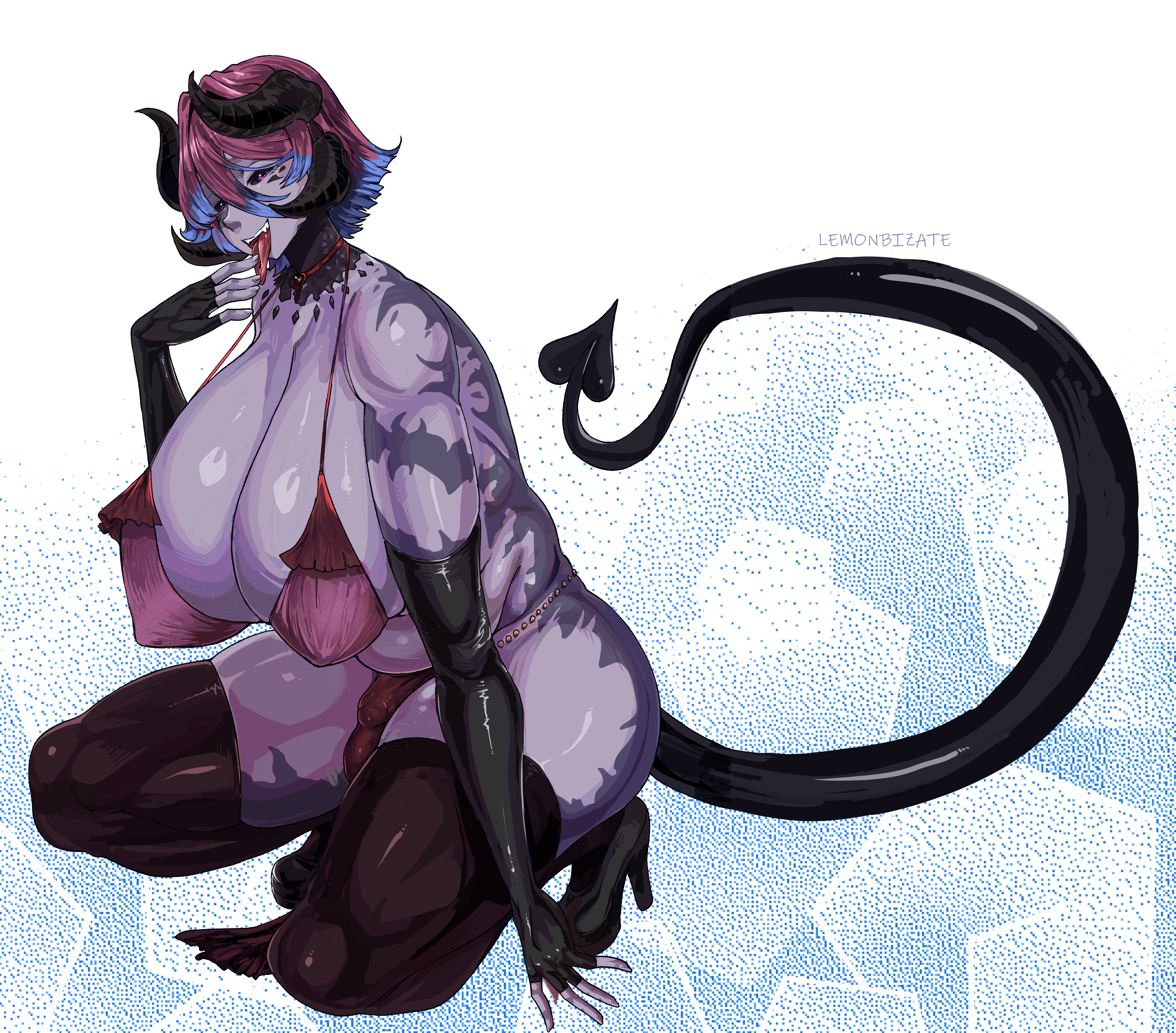 arm gloves, au ra, balls, belly overhang, big balls, big belly, black sclera, breast squish, breasts, bulge, final fantasy xiv, fingerless gloves, high heels, horns, huge ass, kallista ysael (character), kneeling, lemonbizate (artist), lingerie, looking at viewer, massive breasts, nipple bulge, plump, purple skin, thigh squish, thighhighs, tongue out, trans woman