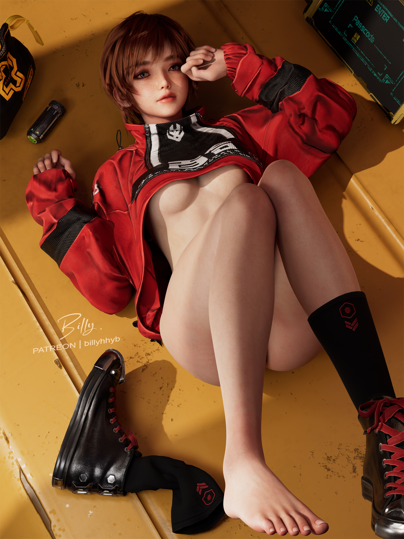 1girls, 2025, 3d, ass, big ass, billyhhyb, bottomless, bottomless female, breasts, brown hair, crop top, crop top overhang, cropped jacket, feet, female, female only, freckles, freckles on face, laying down, laying on back, legs, lily artemis ii, medium breasts, no visible genitalia, no visible nipples, one shoe, petite, petite female, shoe removed, short hair, skinny, skinny female, socks, solo, stellar blade, toes, yellow eyes