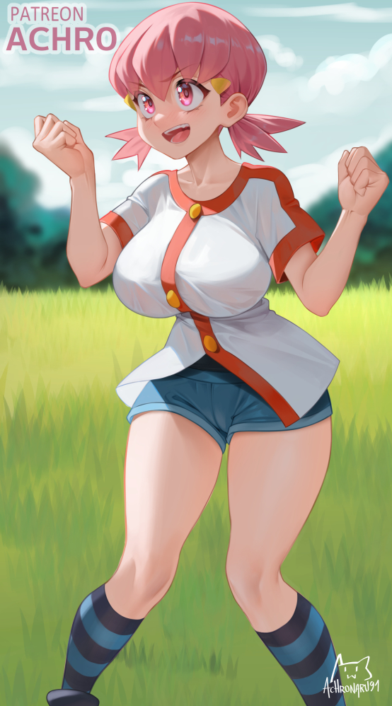 1girls, achromaru, big breasts, bra, breasts, female, female only, grass, gym leader, hair ornament, kneehighs, large breasts, looking at viewer, nintendo, open mouth, pink eyes, pink hair, pokemon, pokemon hgss, see-through, shirt, shorts, smile, solo, striped, striped legwear, teeth, whitney (pokemon)