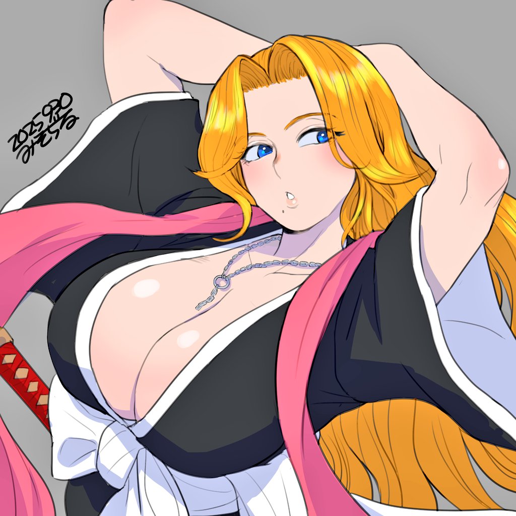 1girls, 2020s, 2025, arms behind head, bleach, blonde hair, blue eyes, breasts, chain necklace, chains, cleavage, collarbone, dated, female, female only, japanese clothes, jewelry, large breasts, long hair, matsumoto rangiku, misodiru, mole, mole under mouth, necklace, parted lips, pink shawl, shawl, shihakusho, simple background, solo, zanpakutou
