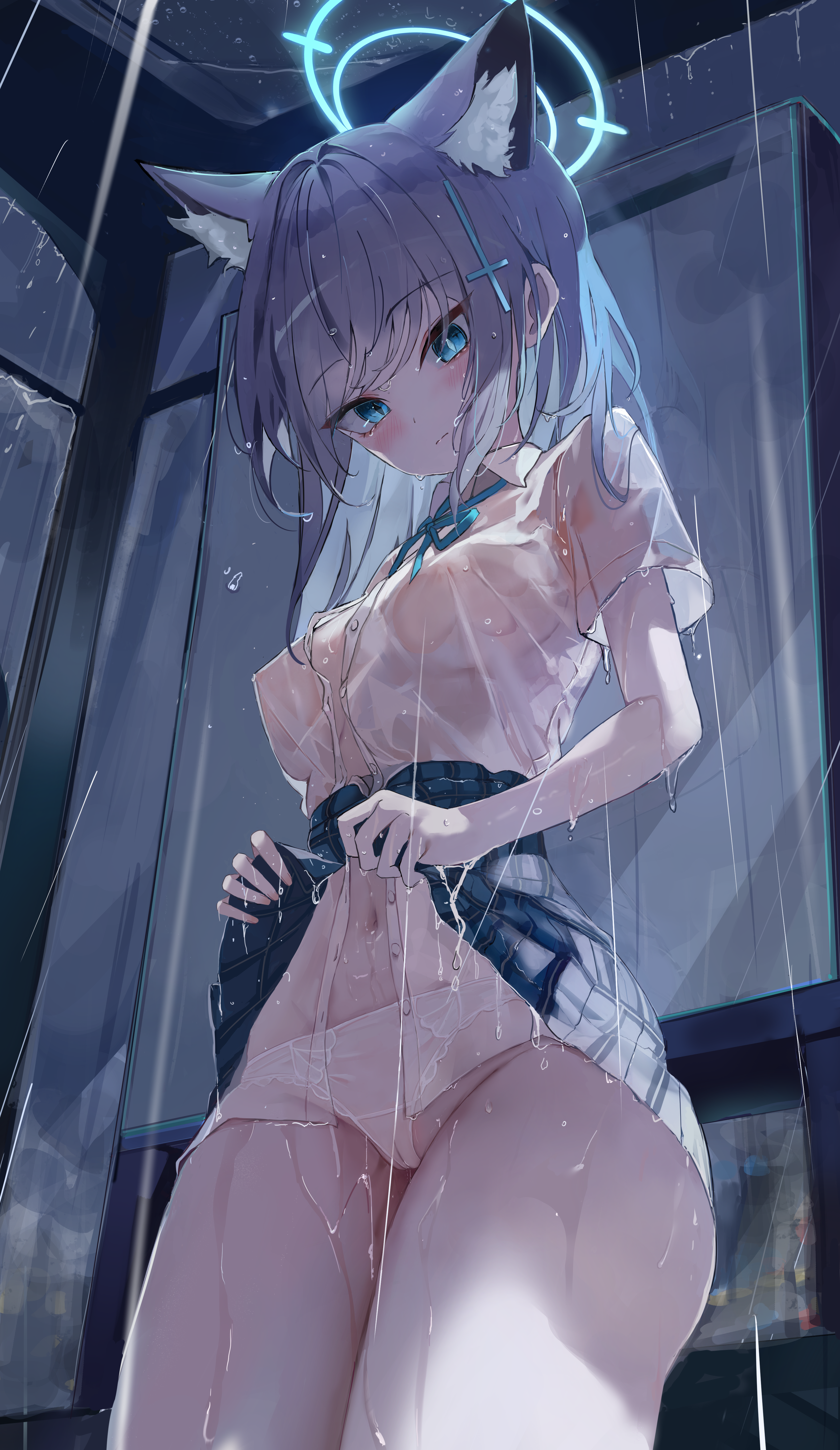 blue archive, bunny kitsune, rain, shiroko (blue archive), skirt, skirt lift, skirt lifted by self, wet, wet clothes, wet skin