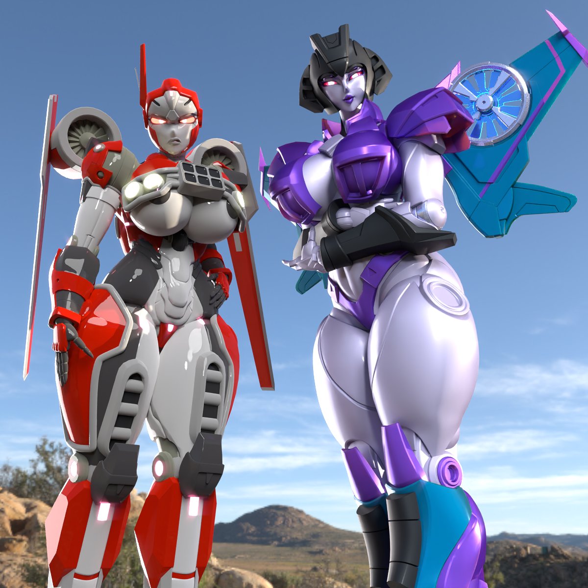 2girls, 3d, 3d (artwork), 3d render, big breasts, bumblebee movie, cybertronian, female, purple body, purple eyes, purple lipstick, red body, red eyes, robot, robot girl, shatter (transformers), slipstream, soundpunk501, thick thighs, transformers