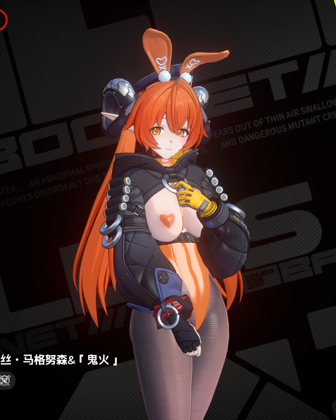 1girls, 3d, 3d model, breasts, bunny ears, bunnysuit, elf ears, female, game screenshot, green eyes, long hair, magus (zenless zone zero), mod, orange hair, orphie magnusson, screenshot, zenless zone zero