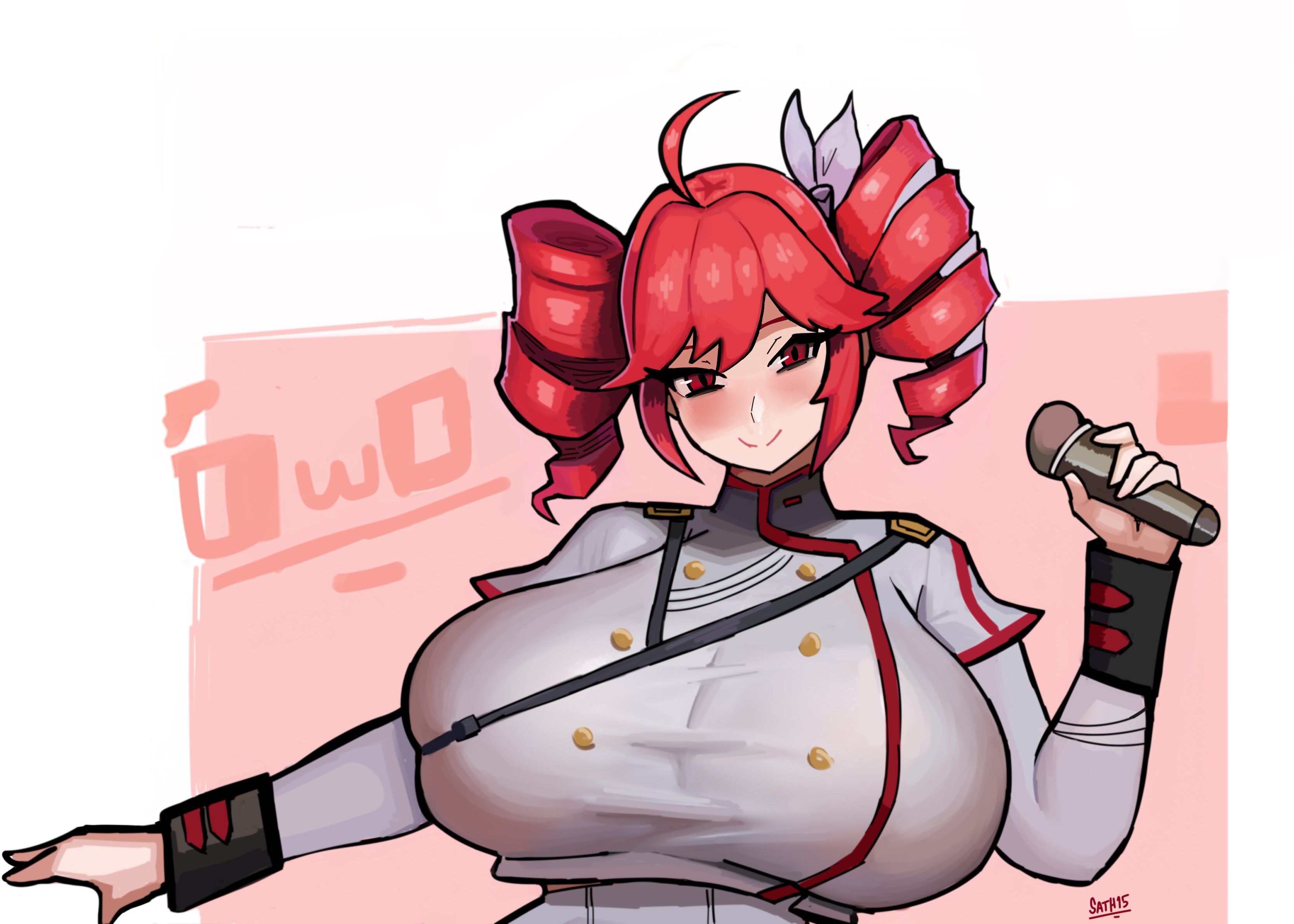 1girls, 2d, 2d (artwork), ahoge, artist name, big breasts, blush, breasts, breasts bigger than head, breasts bigger than torso, breasts focus, chest strap, clothed, clothed female, clothing, crop top, cropped jacket, fat breasts, female, female only, fully clothed, gigantic breasts, hair ornament, hairbow, huge breasts, kasane teto, kasane teto (sv), large breasts, massive breasts, microphone, plump, plump breasts, red eyes, red hair, sath15, seductive, seductive look, seductive smile, simple background, skindentation, skirt, slim waist, smile, solo, solo female, synthesizer v, tight clothing, tight shirt, top heavy, twin drills, upper body, upper body focus, utau, white background