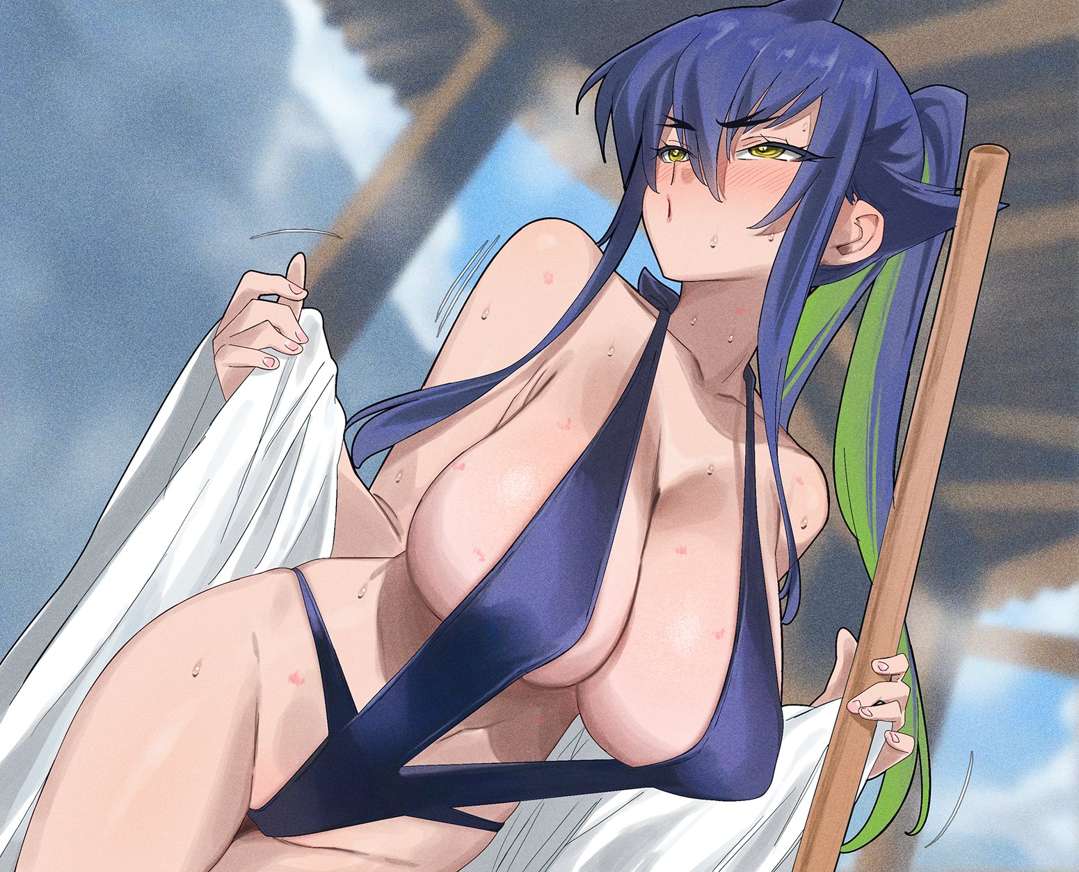 1girls, blue hair, breasts, breasts bigger than head, cleavage, color, color edit, disrobing, female, gaston18, hickey marks, huge breasts, kanan-sama wa akumade choroi, large breasts, long hair, ponytail, shinryuji tekka, sling bikini, slingshot swimsuit, staff, swimsuit, yuri