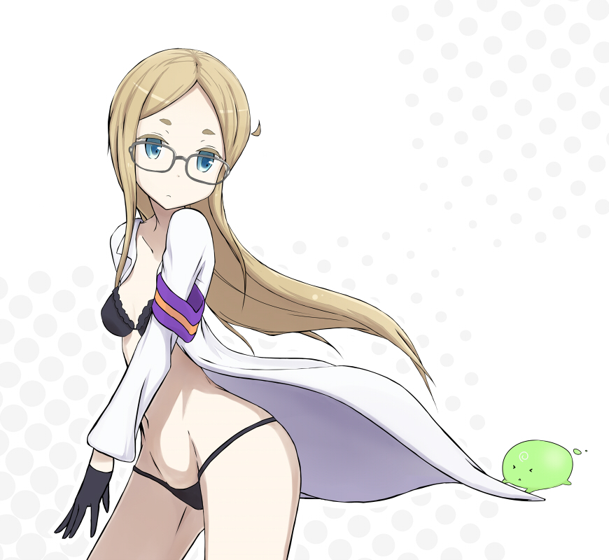 blonde_hair blue_eyes bra clothing glasses gloves labcoat long_hair natasha_(sekai_seifuku) navel panties sekai_seifuku:_bouryaku_no_zvezda small_breasts underwear