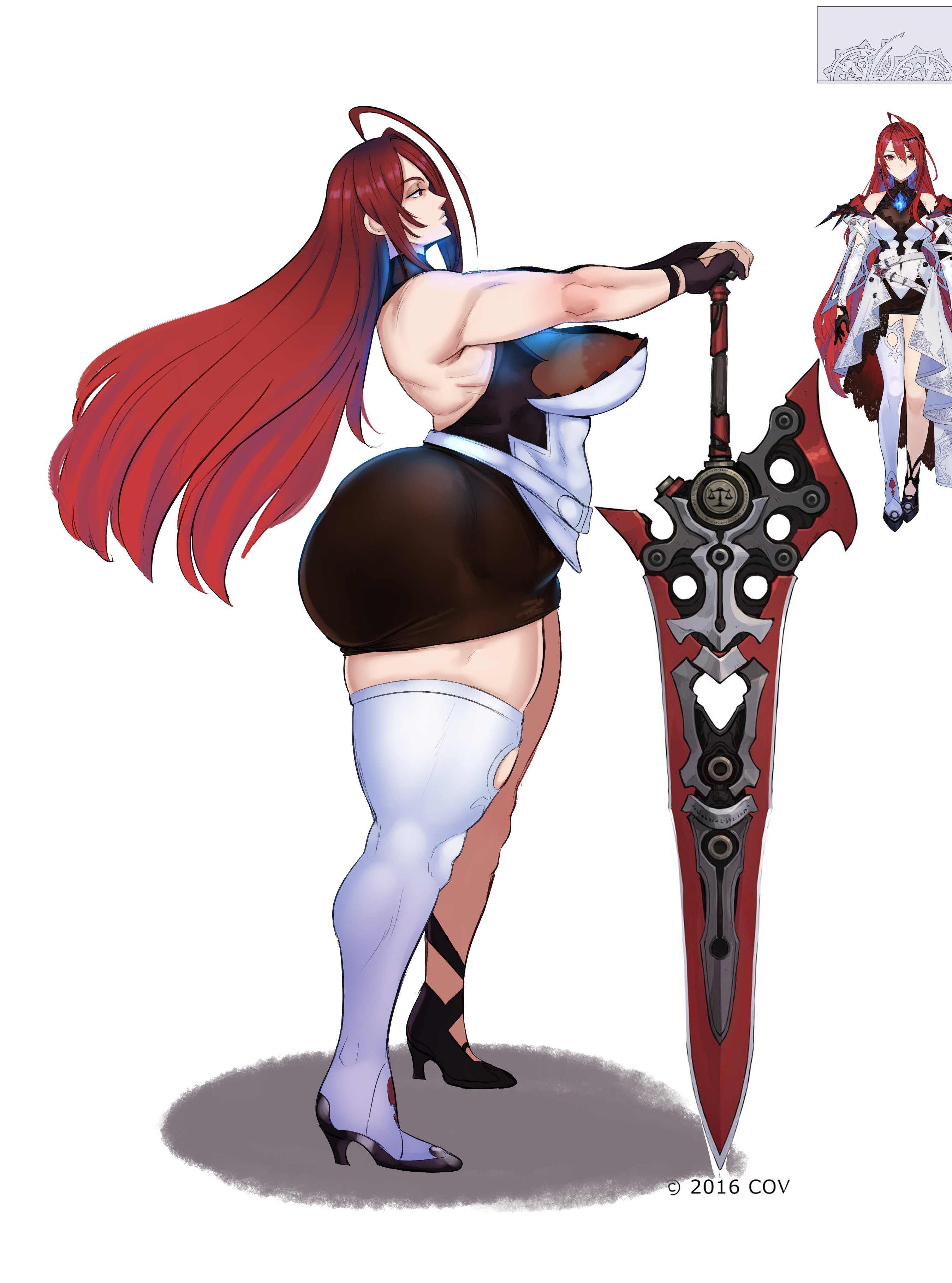 1girls, ass, big ass, big breasts, breasts, elizabeth rose bloodflame, elizabeth rose bloodflame (1st costume), female, greatsword, hi res, hololive, hololive english, hololive english -justice-, huge ass, large breasts, red hair, reference image, side view, sunnysundown, sword, thick legs, thick thighs, thorn (elizabeth rose bloodflame), virtual youtuber, weapon, white background