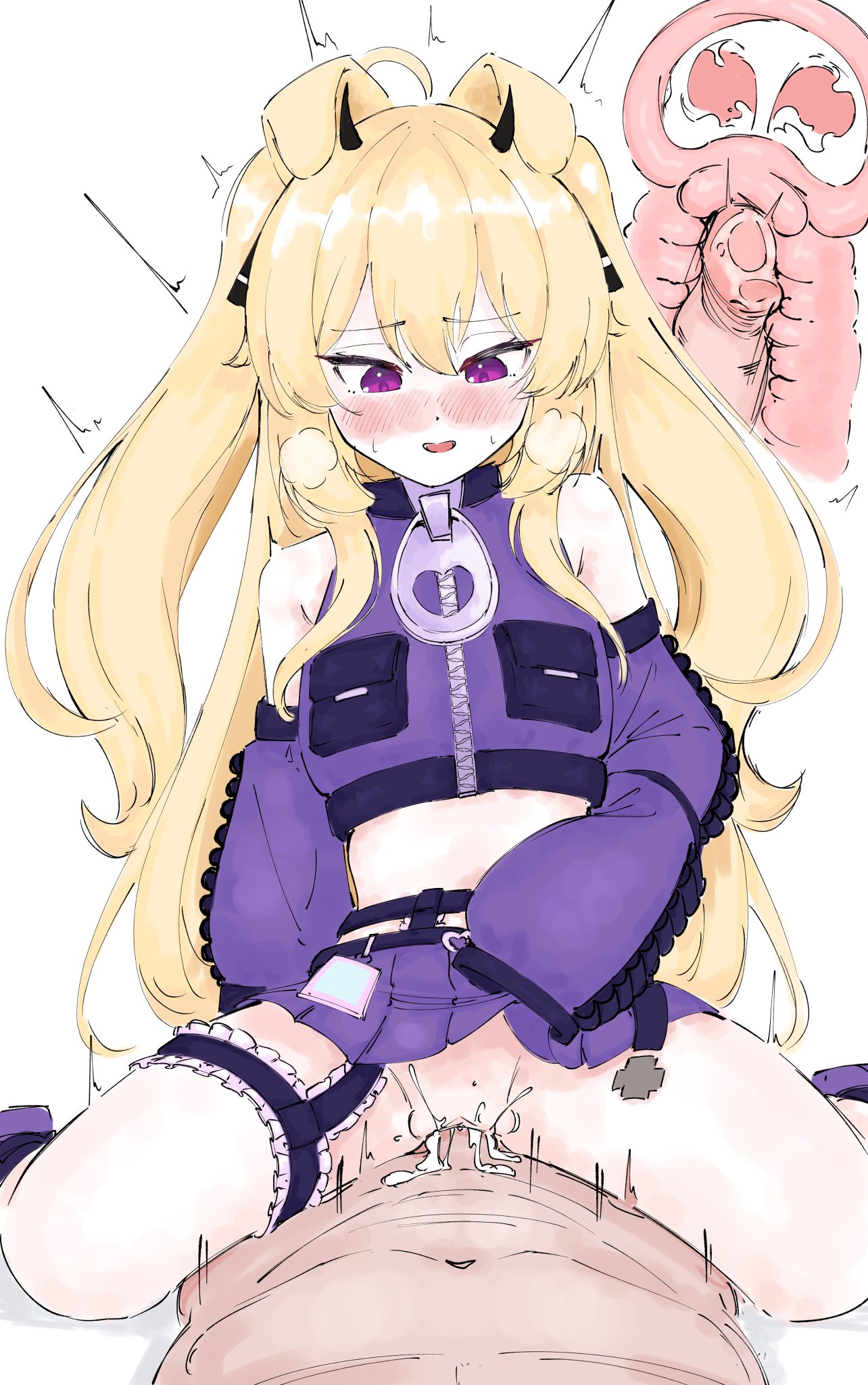 blonde hair, blush, breath cloud, cerbervt, clothed, cowgirl position, creampie, cum in pussy, cum inside, cumming, dog ears, dog girl, female, froq, horns, indie virtual youtuber, looking down, male, male pov, penis, pov, purple eyes, pussy, virtual youtuber, x-ray