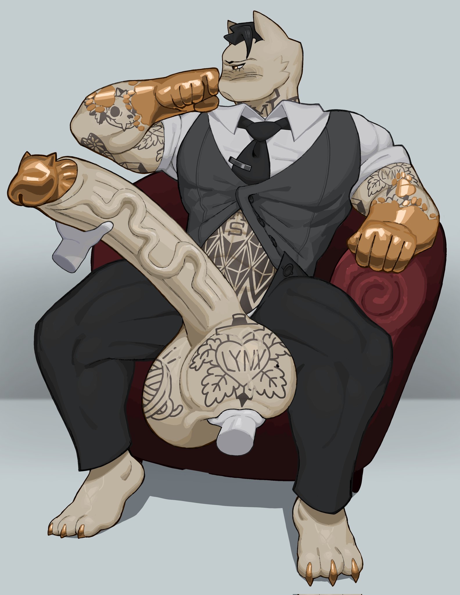 1boy, 2d, anthro, anthro cat, anti ai, armchair, balls, balls out, balls out of pants, big balls, big cock, big penis, black clothes, black clothing, black hair, black hair male, black jacket, black pants, blue balls, blue glans, blush, blush lines, blushing, clothing, cock, cravat, embarrassed, english text, erection, feet paws, feline, fortnite, fully closed, furry, furry cat, furry male, furry only, gold, gold (metal), gold fingernails, gold hands, golden fingernails, golden hands, hanging balls, holding balls, holding penis, huge balls, huge cock, humanoid, humanoid genitalia, humanoid hands, humanoid male, humanoid penis, hyper cock, hyper penis, looking away, male, male humanoid, male only, massive balls, massive penis, meowdas, muscles, muscular, muscular anthro, muscular male, open clothes, partially clothed, partially clothed anthro, partially clothed male, partially nude, partially nude male, paw feet, paws, penis, penis out, penis out of pants, sitting, sitting on chair, solo, solo anthro, solo furry, solo male, suit, suit and tie, suit jacket, tagme, tattoo, tattooed arm, tattooed arms, tattooed balls, tattooed belly, tattooed neck, tattoos, tattoos everywhere, text, tie, tie clip, tight clothes, tight clothing, unholy rigatoni, veiny, veiny penis, white clothing, white shirt