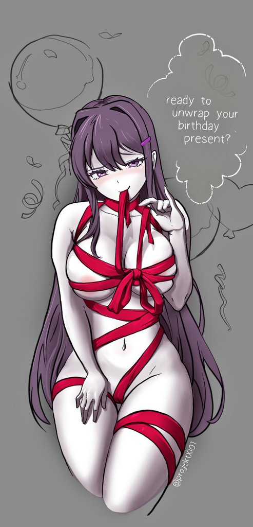 artist name, breasts, doki doki literature club, english text, female, large breasts, looking at viewer, naked female, naked ribbon, naughty face, projektxi01, purple hair, red ribbon, thick thighs, tied up, yuri (doki doki literature club)