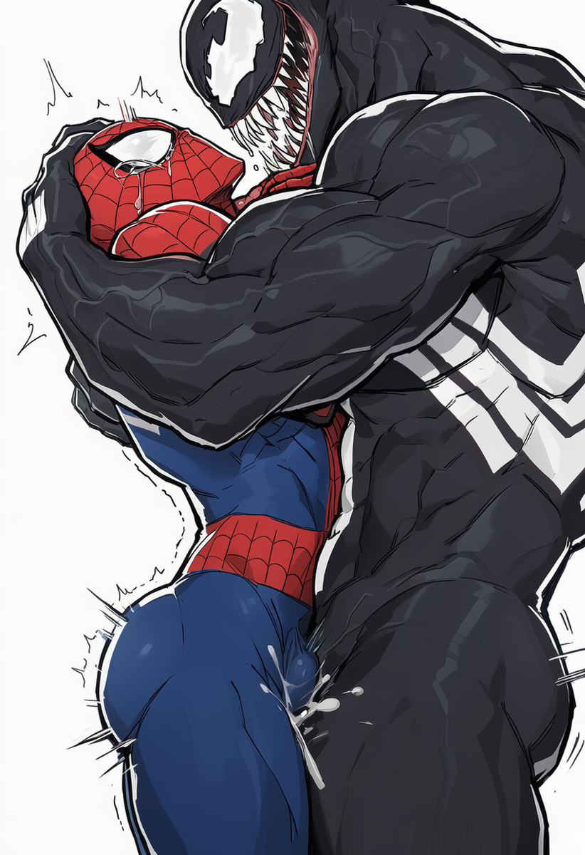 2males, ai generated, alien, alien humanoid, bara, bodysuit, crying, cum through clothing, eddie brock, embrace, gay, grinding on penis, male, marvel, marvel comics, muscles, penis, peter parker, spider-man, spider-man (series), symbiote, venom (marvel), yaoi