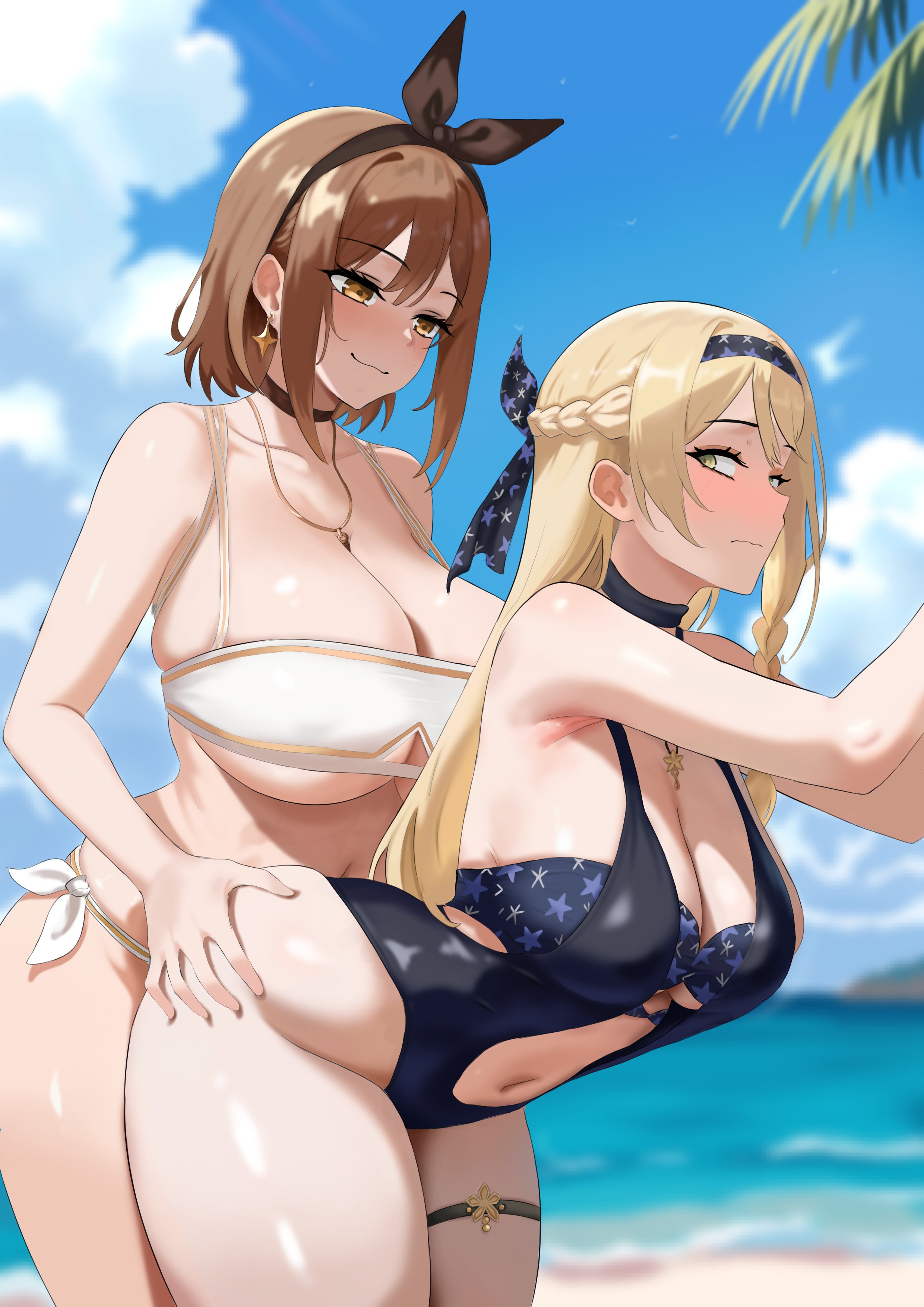 2girls, absurdres, amadeuslight, atelier (series), atelier ryza, beach, bent over, bikini, blonde hair, breasts, brown eyes, brown hair, dry humping, female, green eyes, highres, huge breasts, humping, klaudia valentz, klaudia valentz (moonlit beach), long hair, medium hair, multiple females, multiple girls, official alternate costume, reisalin stout, swimsuit, thighs, yuri