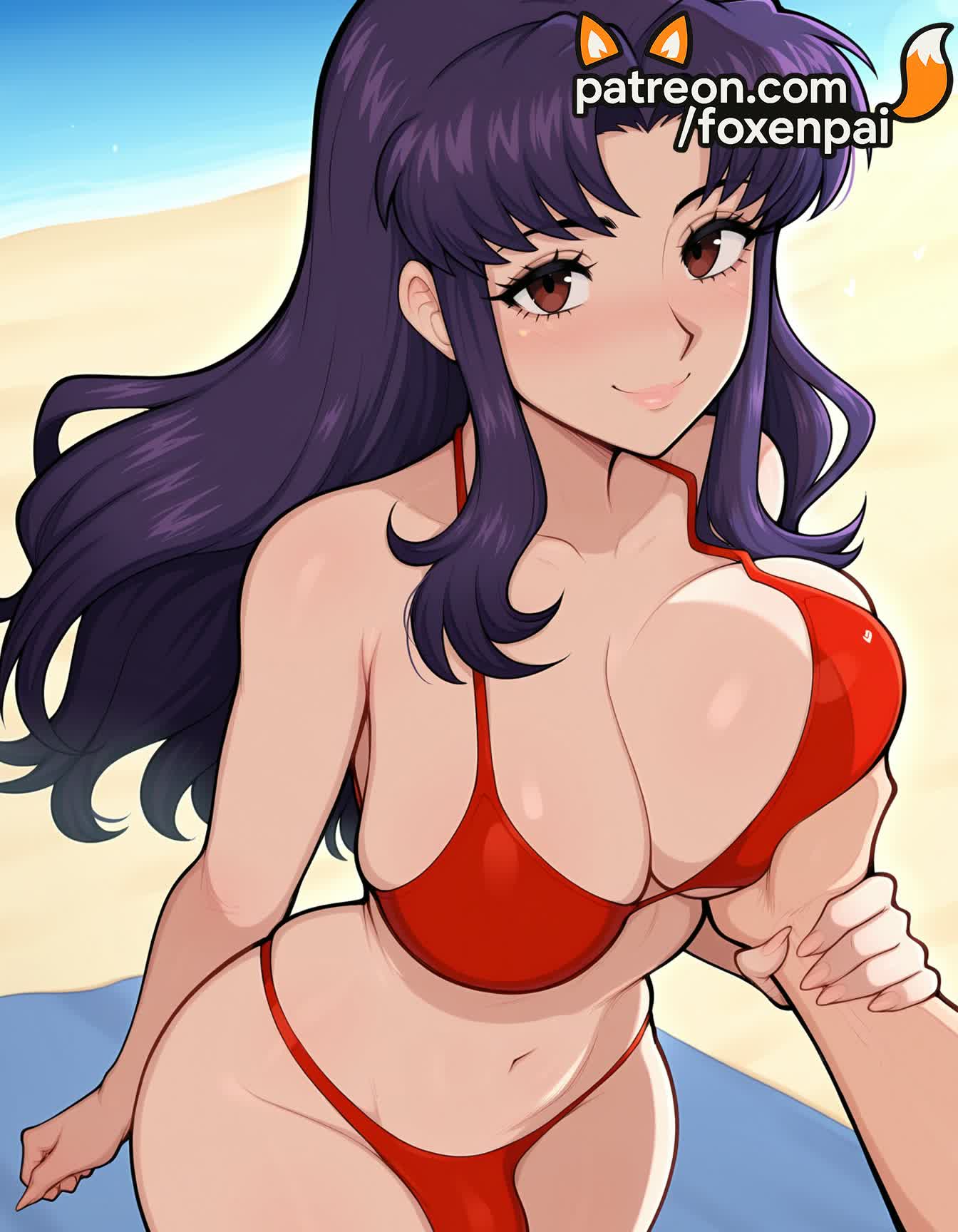 1futa, 2025, ai generated, artist name, beach, big breasts, big chest, bikini, breasts, brown eyes, bust, busty, chest, cleavage, day, foxenpai, futanari, hi res, high quality, high resolution, highres, intersex, large breasts, long hair, misato katsuragi, navel, neon genesis evangelion, ocean, outdoors, patreon, patreon username, purple hair, red bikini, sand, smile, solo, stable diffusion, swimsuit, water, watermark
