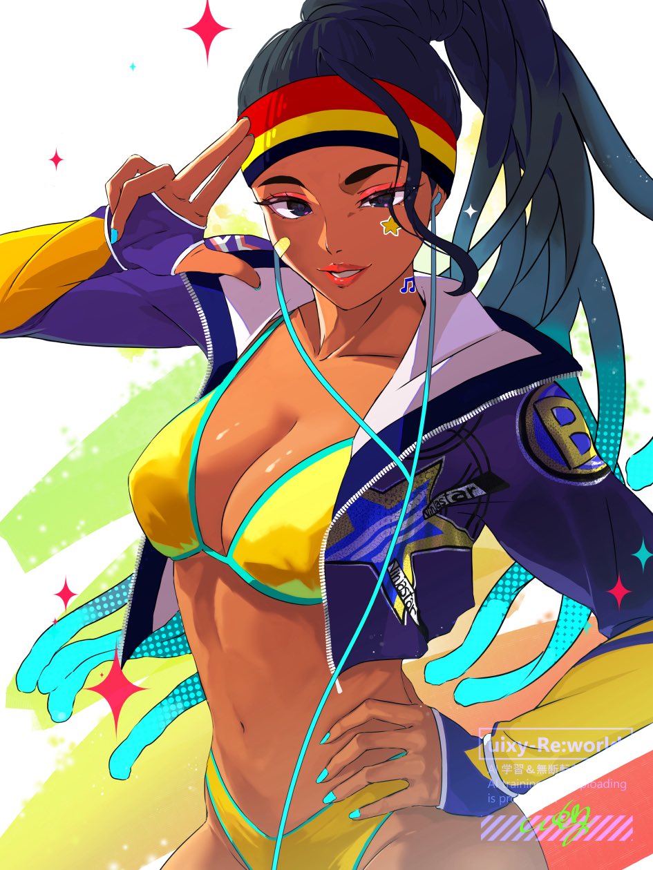 1girls, aqua nails, arm up, bandaid, bandaid on cheek, bandaid on face, bikini, blue jacket, breasts, collarbone, cropped jacket, dark skin, dark-skinned female, dreadlocks, earphones, female, female only, hand on own hip, headband, highres, jacket, kimberly jackson, lipstick, long hair, looking at viewer, makeup, multicolored headband, musical note sticker, nail polish, navel, parted lips, print jacket, red lips, solo, star (symbol), star print, star sticker, sticker, sticker on face, street fighter, street fighter 6, swimsuit, uixy, yellow bikini